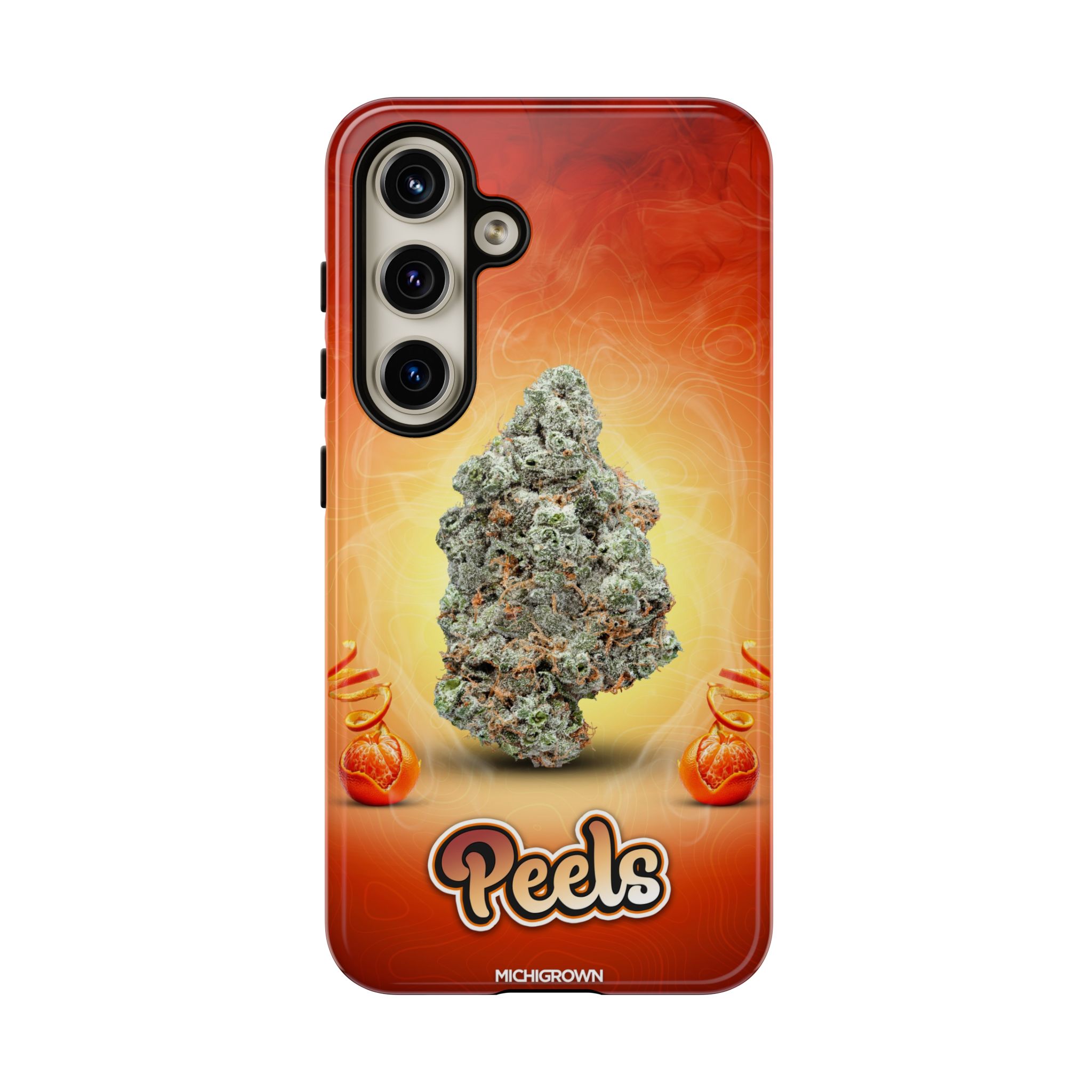 Phone case featuring cannabis bud and fiery background for PEELS PHONE CASE.