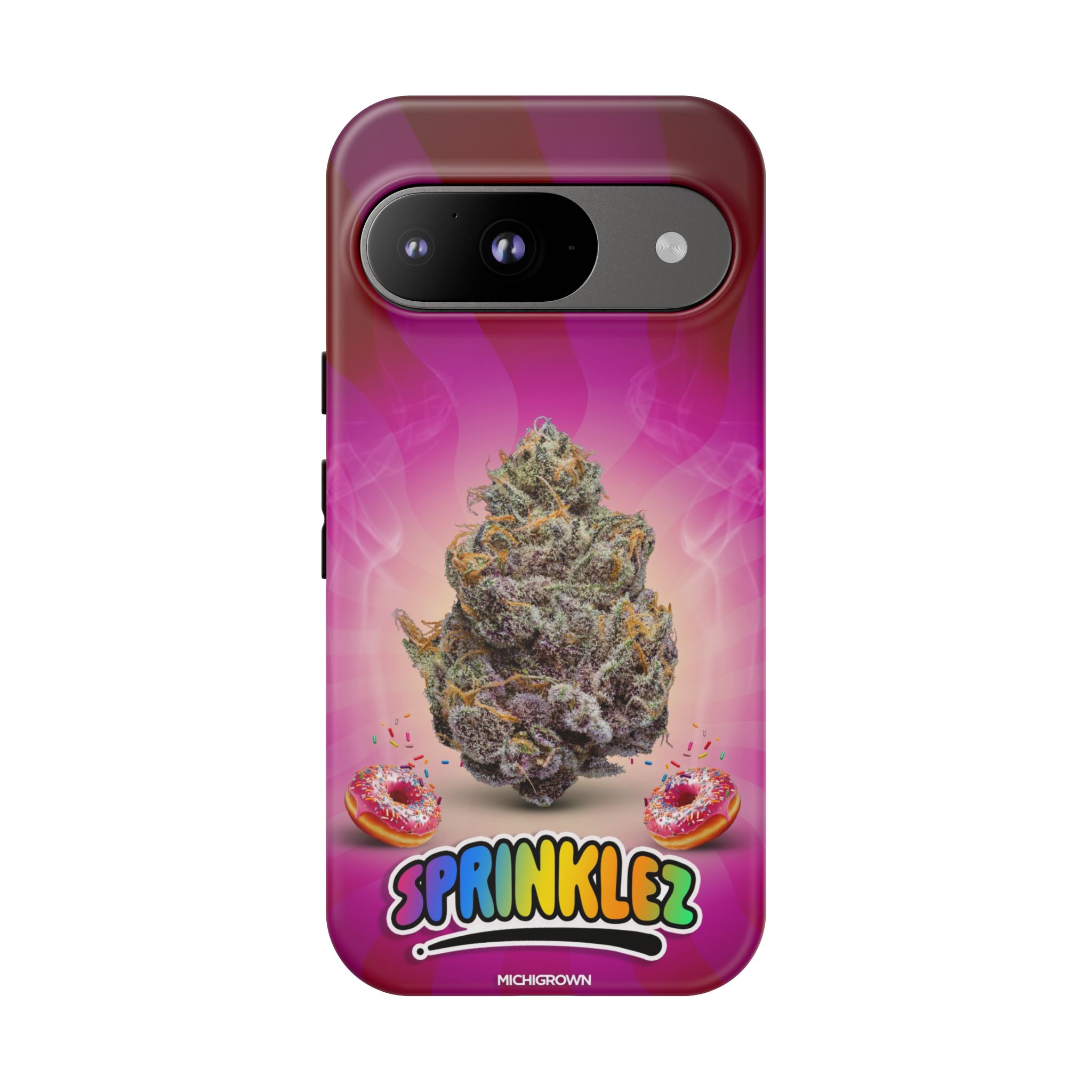 Phone case featuring a cannabis bud and Sprinklez logo on pink background.