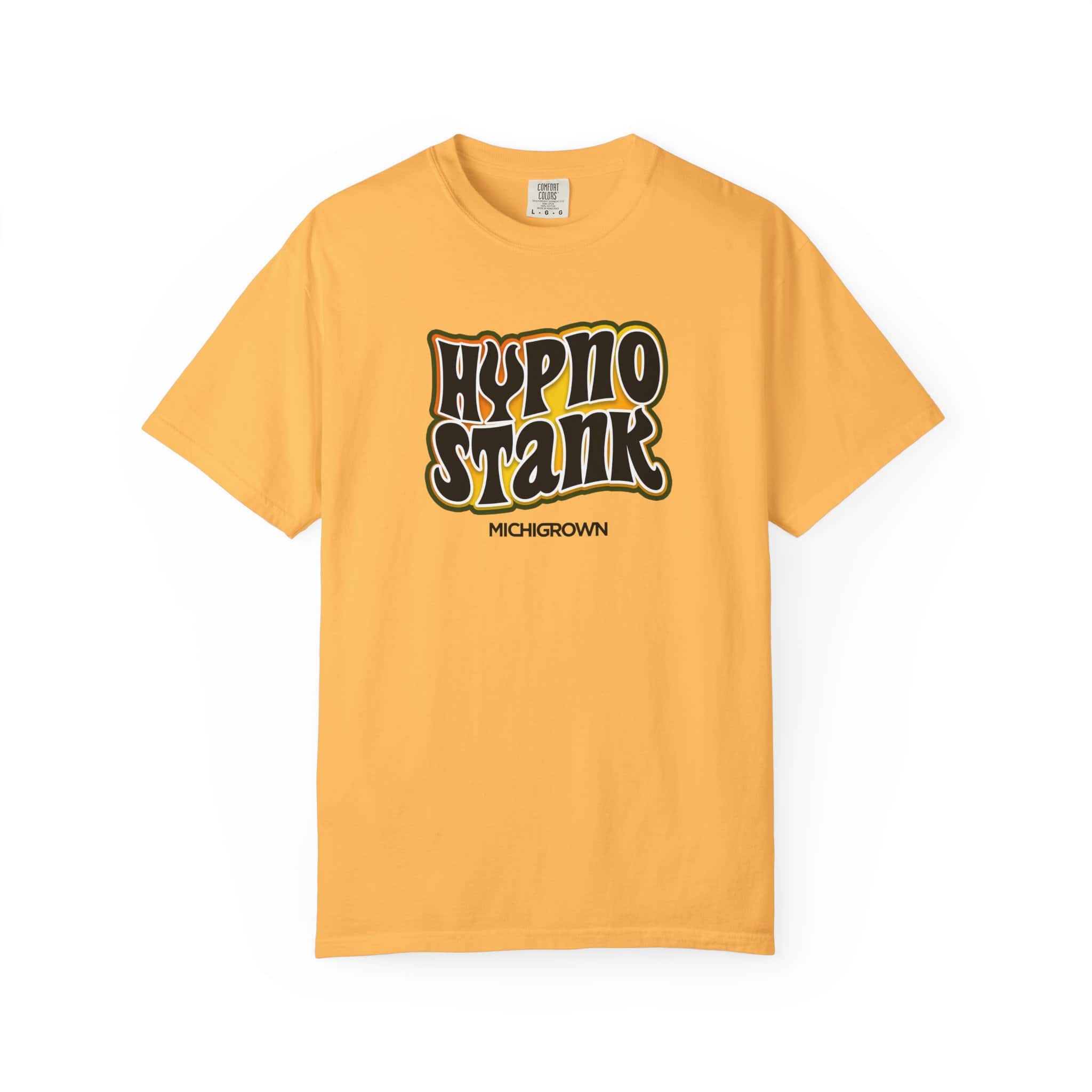 Yellow Hypno Stank T-shirt with bold black and white logo.