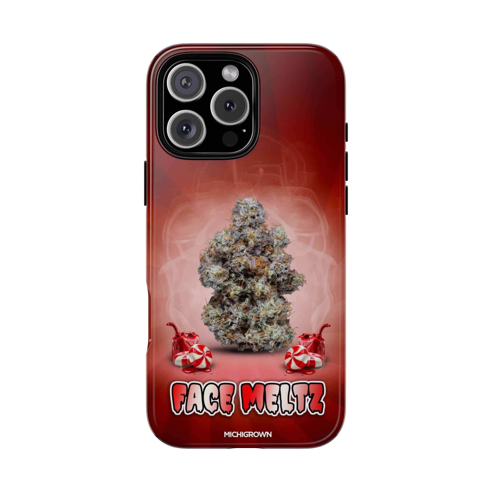 Red phone case with cannabis bud and face meltz logo design.