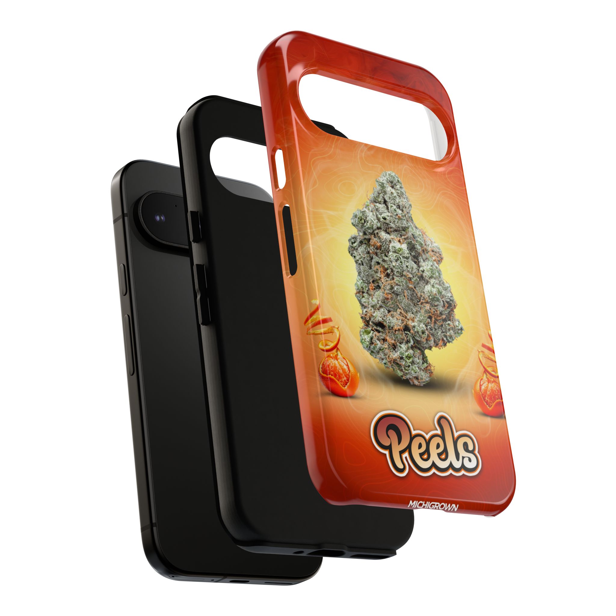 Colorful PEELS phone case with cannabis bud design for iPhone.