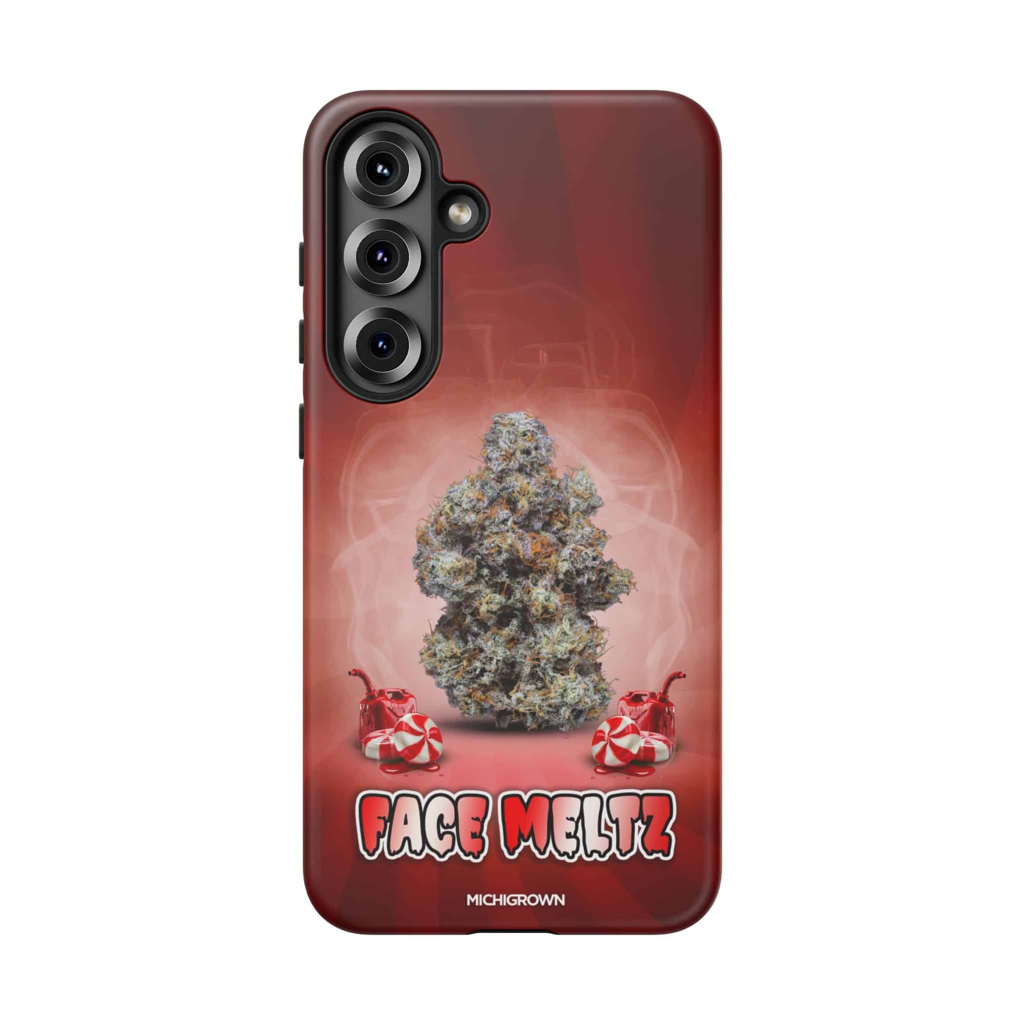 Red phone case with cannabis bud and Face Meltz logo for Michigrown.