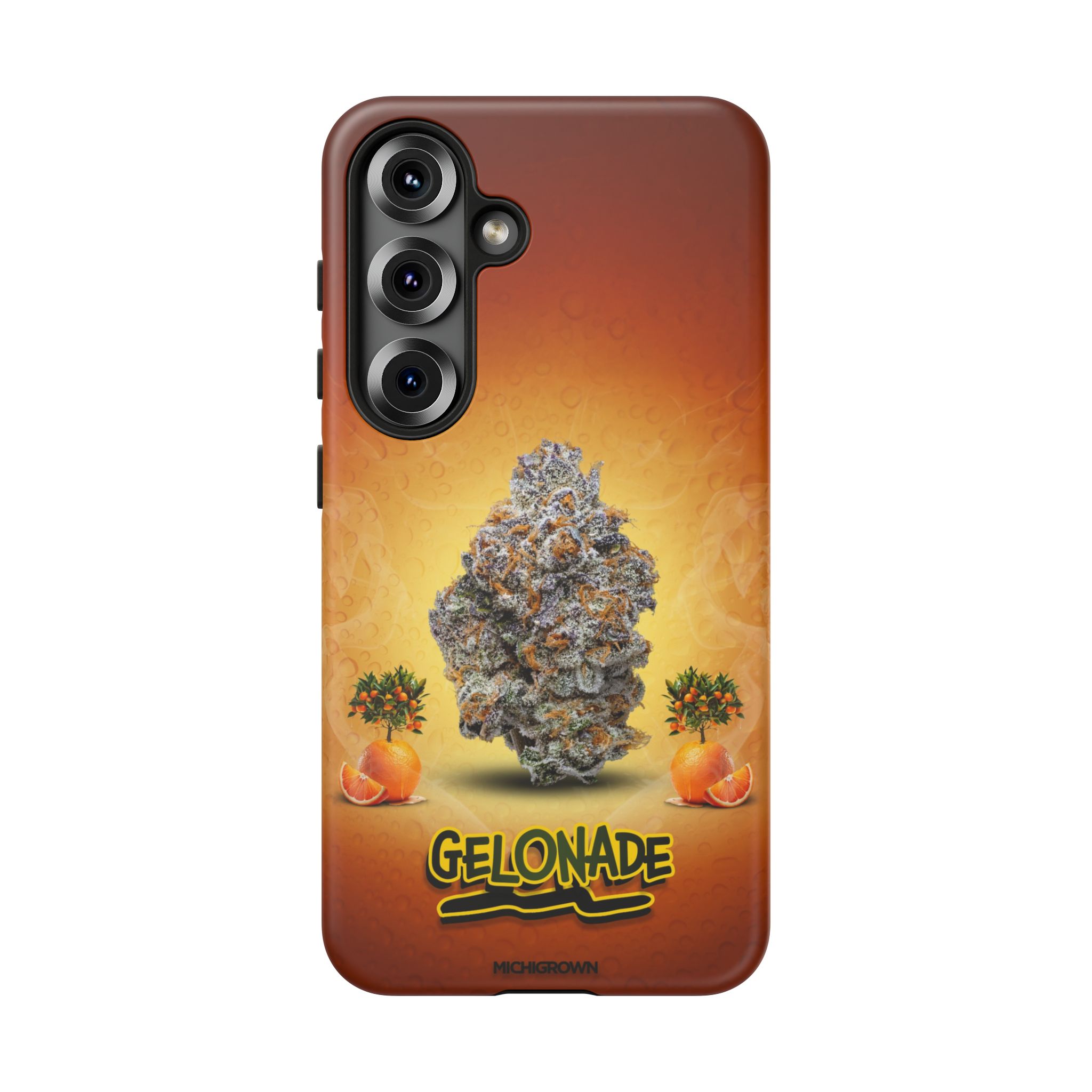 Phone case featuring cannabis bud and orange slices on a gradient background.