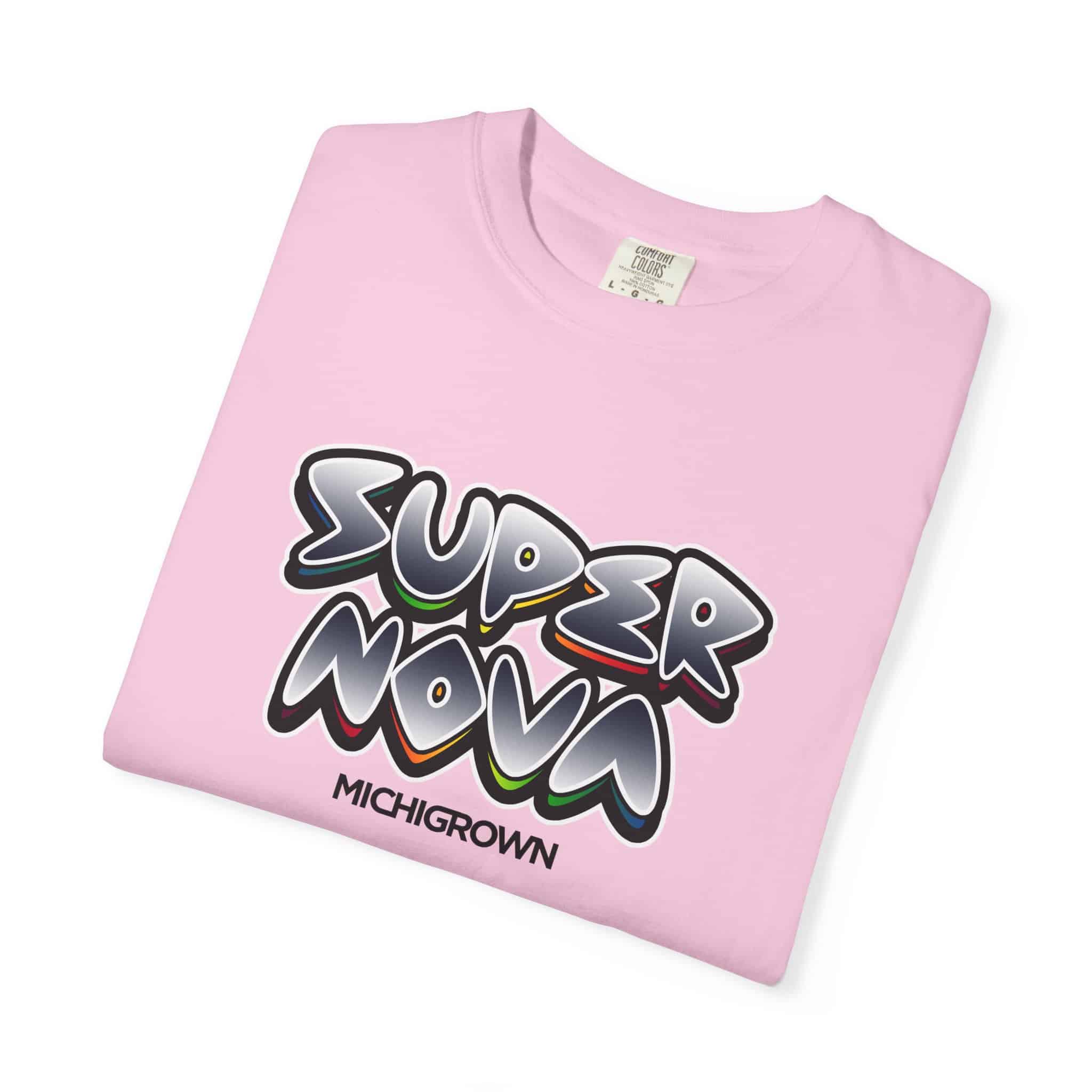 Pink Super Nova T-shirt with bold graffiti-style logo from Michigrown.