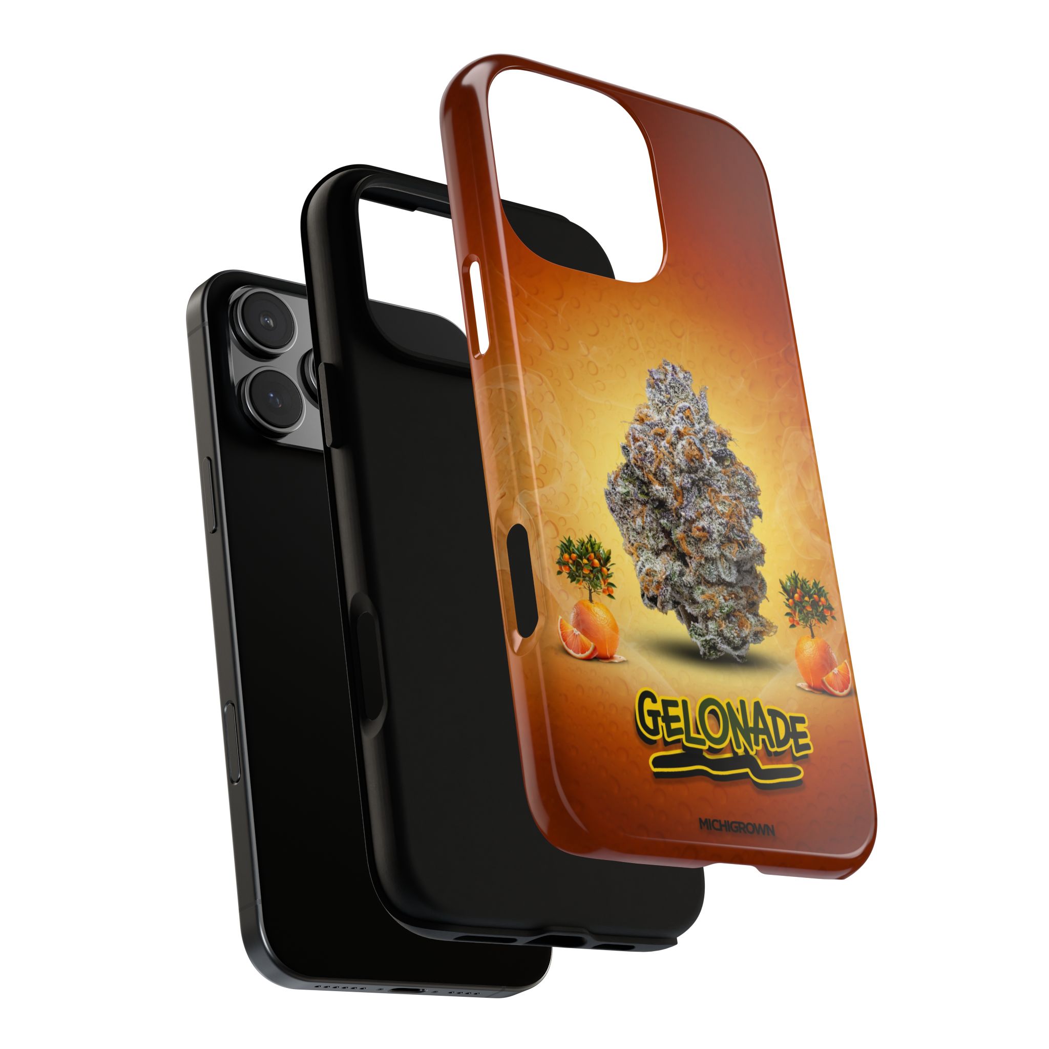 Custom phone case with gelonade logo and cannabis leaf design.