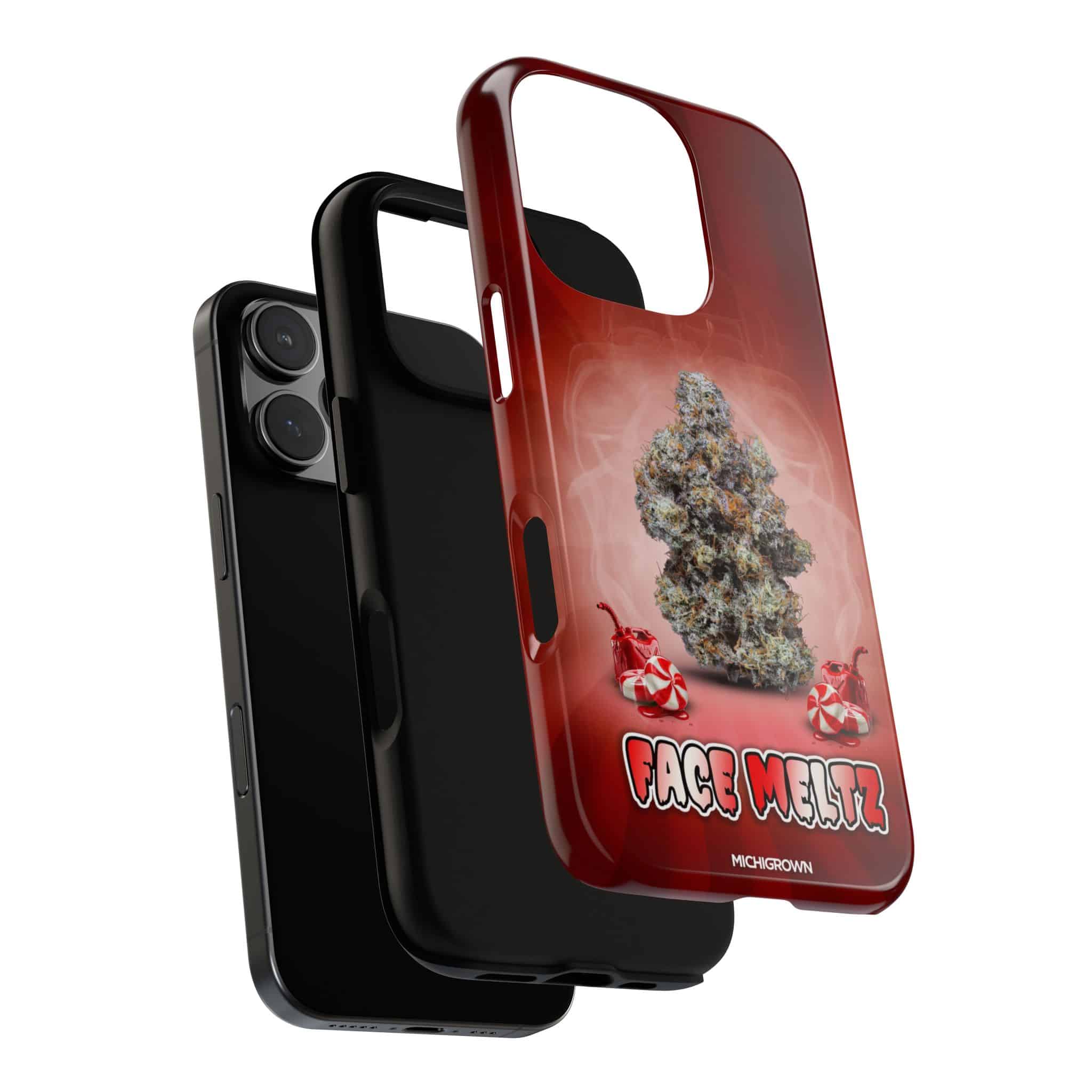 Cannabis-themed phone case with face meltz logo and marijuana image.