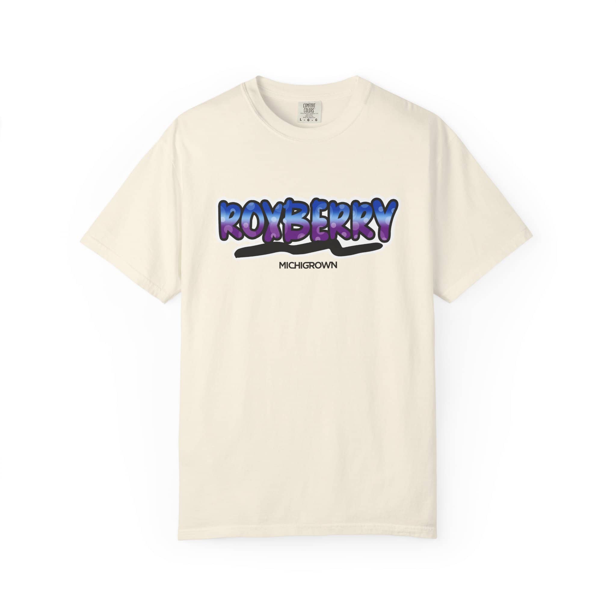 Cream-colored T-shirt with Roxberry and Michigan logo design.