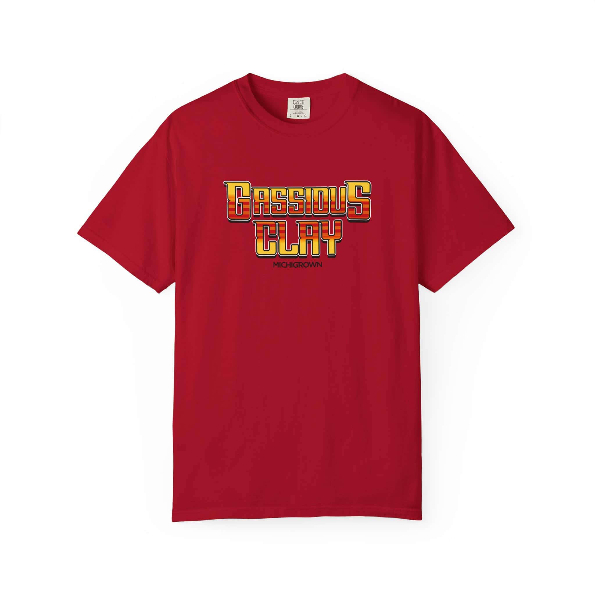 Red Gassious Clay T-shirt with bold yellow and red text design.
