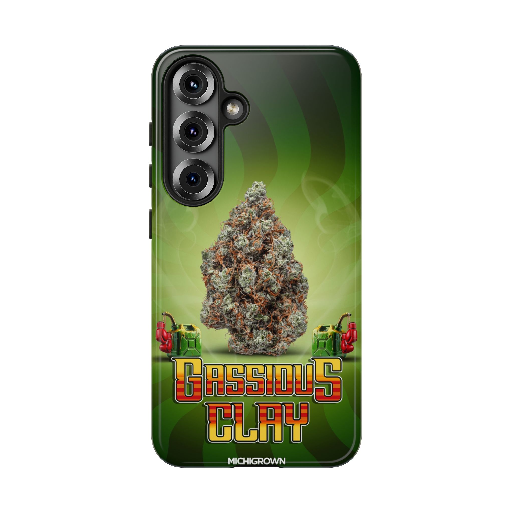 Phone case with cannabis bud and Gassious Clay logo design.