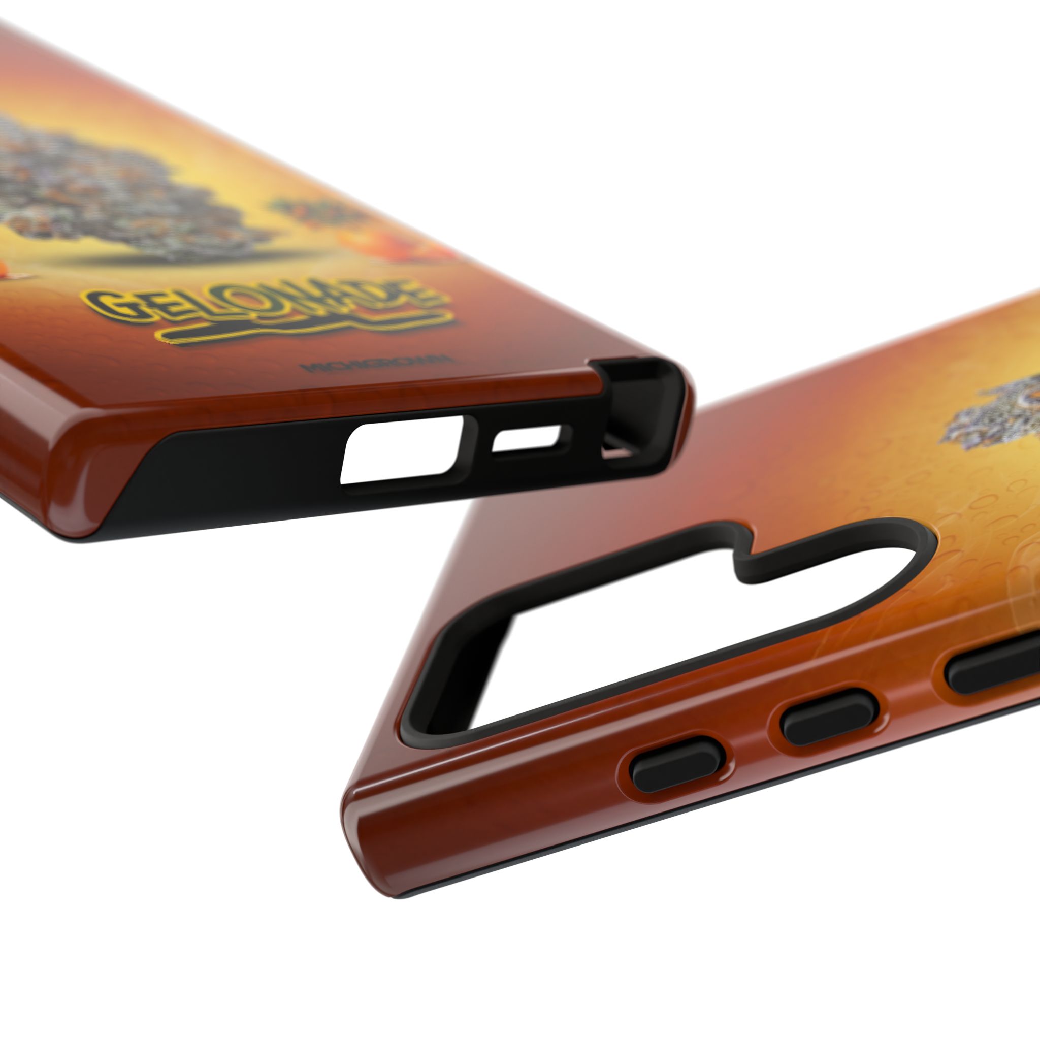 Close-up of Gelonade phone case with design and cutouts for camera and buttons.