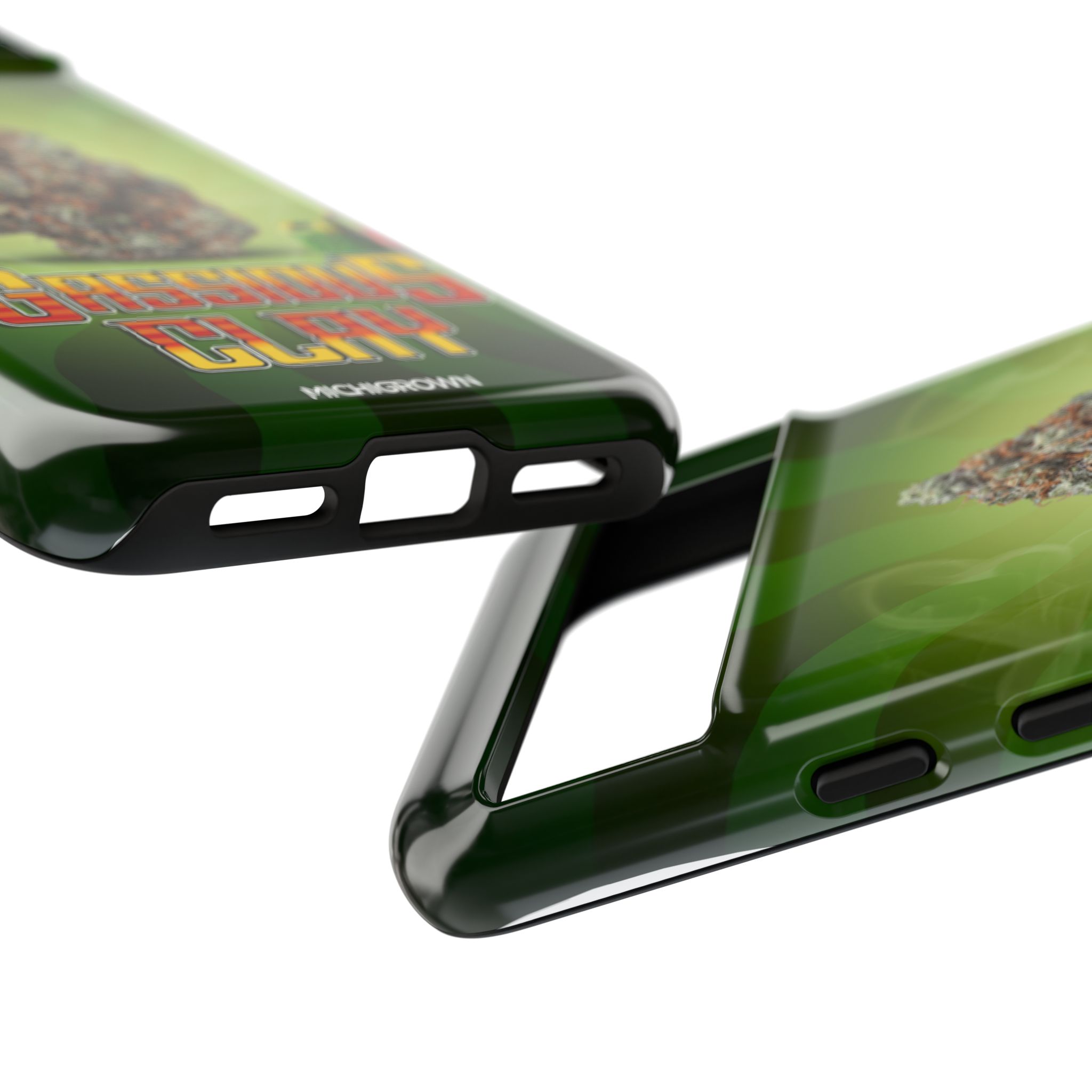 Close-up of GASSIOUS CLAY phone case with colorful graphics.