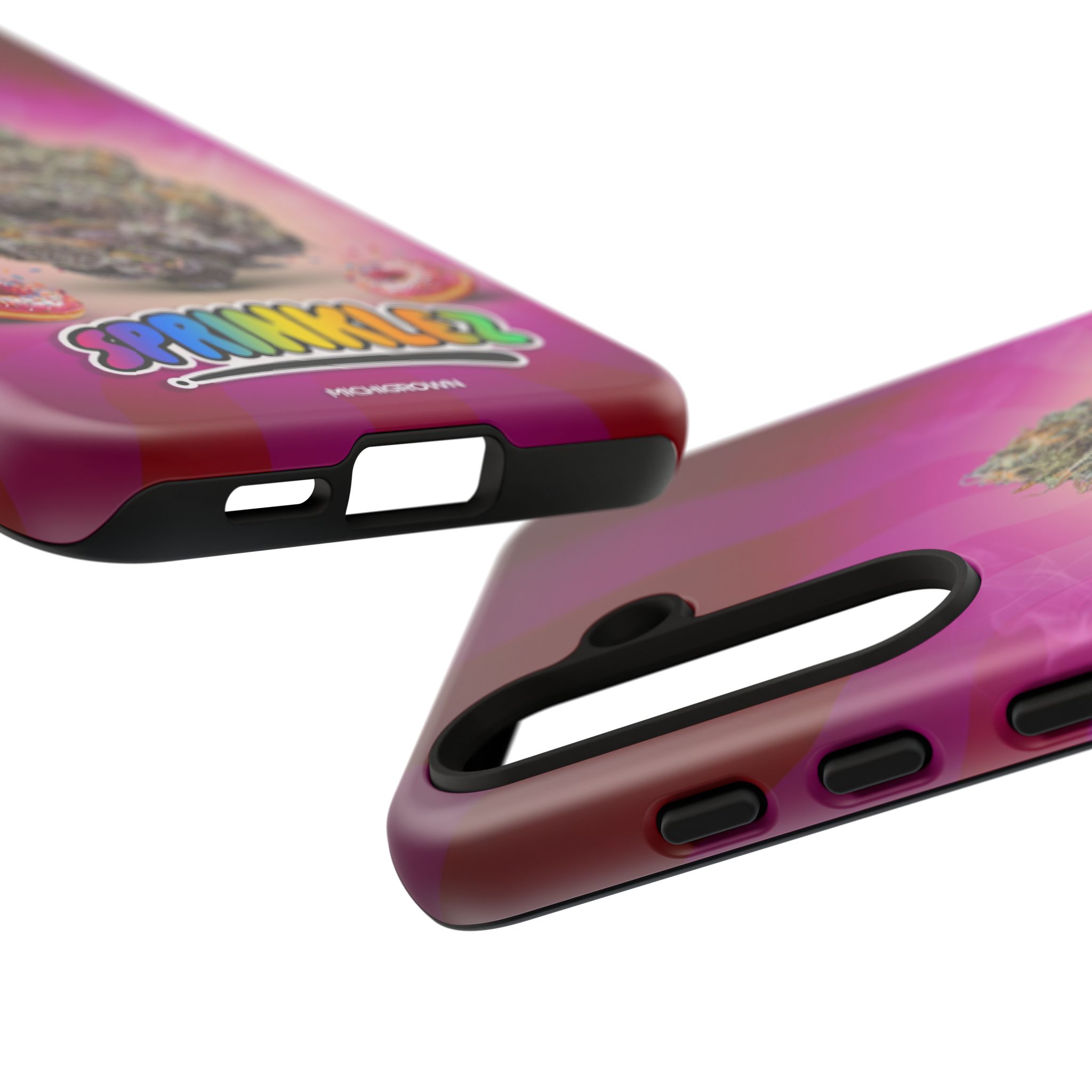 Close-up of Sprinklez phone case with pink and purple colors and cartoon graphics.