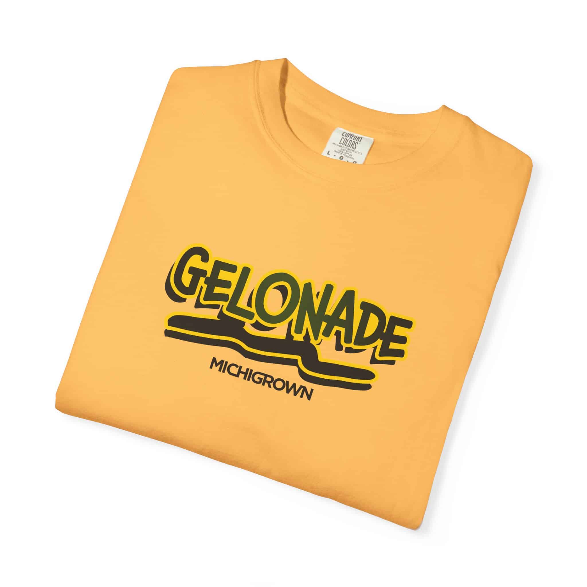 Yellow Gelonade T-shirt with Michigan graphic and text.