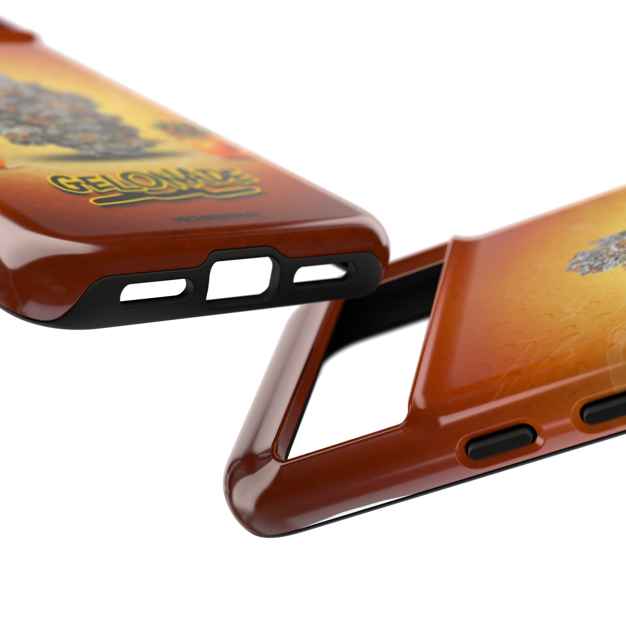 Close-up of GELONADE phone case with graphic artwork.