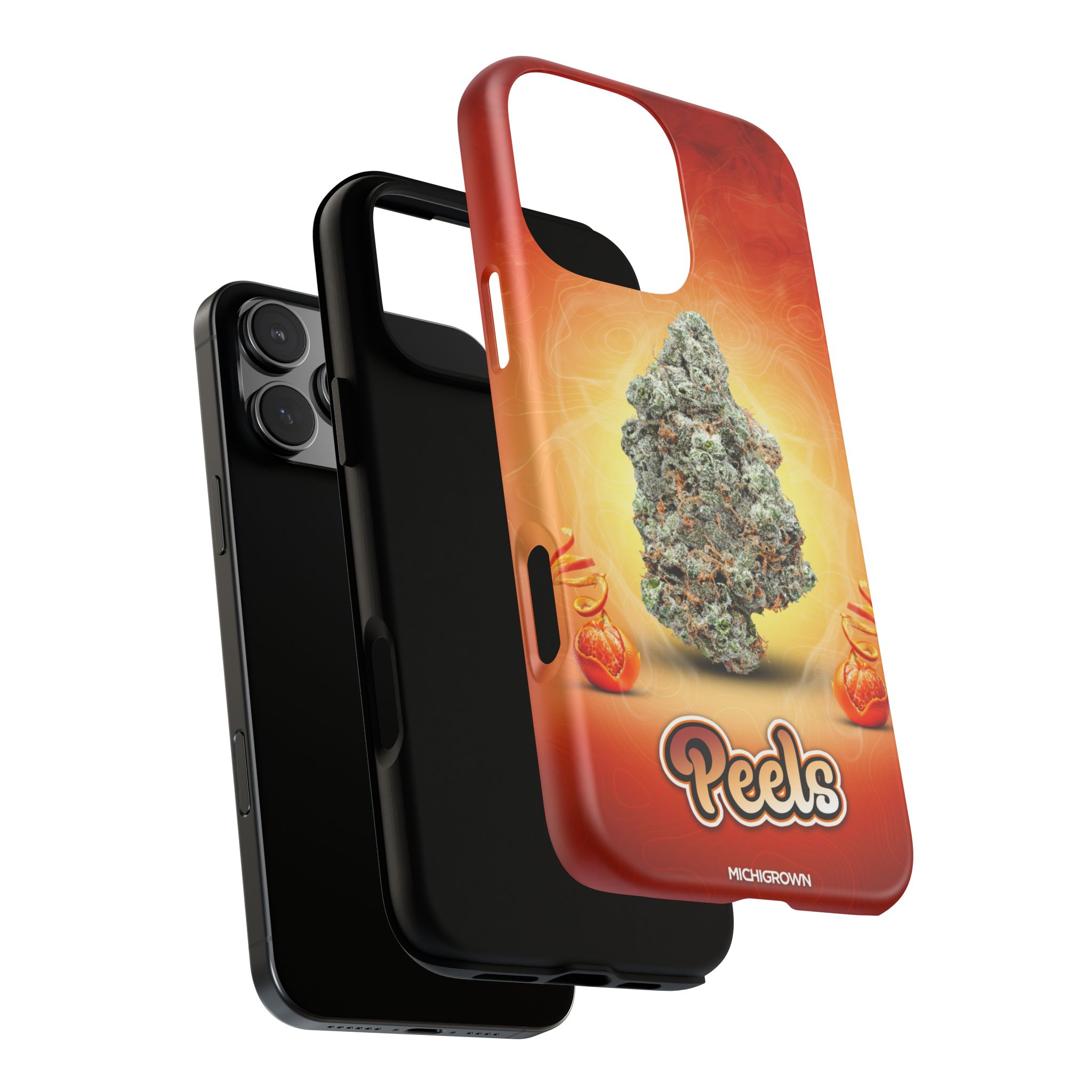 Red and orange PEELS phone case with cannabis bud design for iPhone.