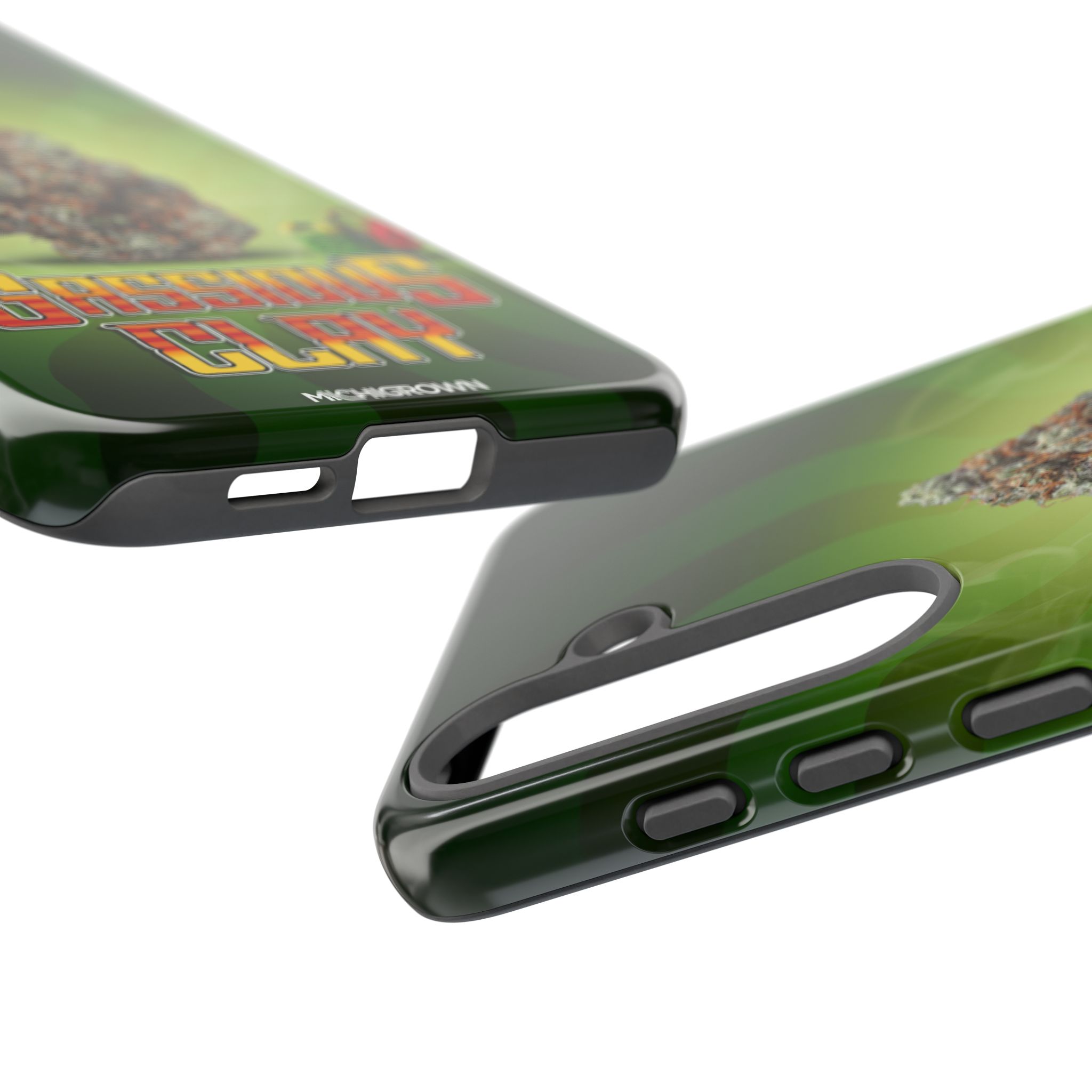 Close-up of green GASSIOUS CLAY phone case with cutouts and design.