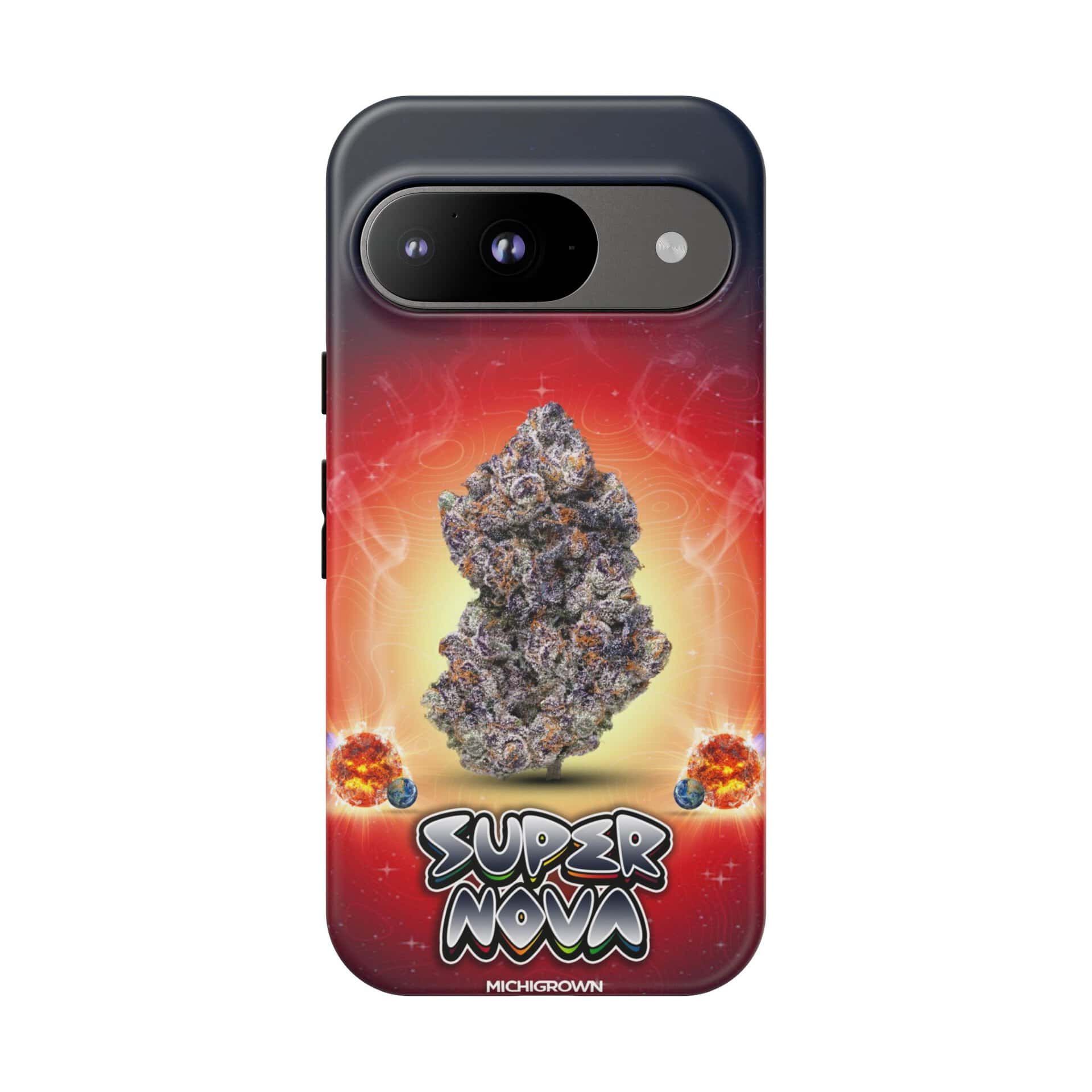 Phone case featuring a cannabis bud and Super Nova logo on a red background.