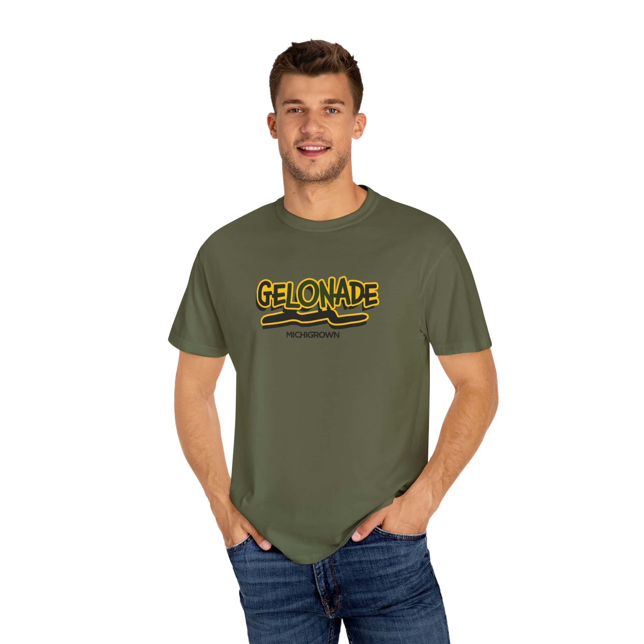 Young man wearing olive green Gelonade T-shirt with black and yellow logo.