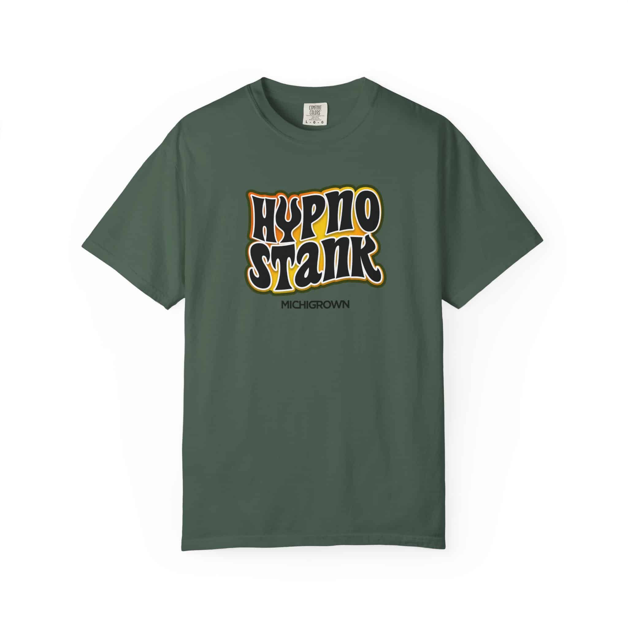 Green T-shirt with Hypno Stank logo in bold letters.