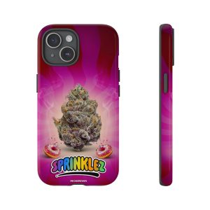 Phone case featuring a cannabis bud and Sprinklez logo on a pink background.
