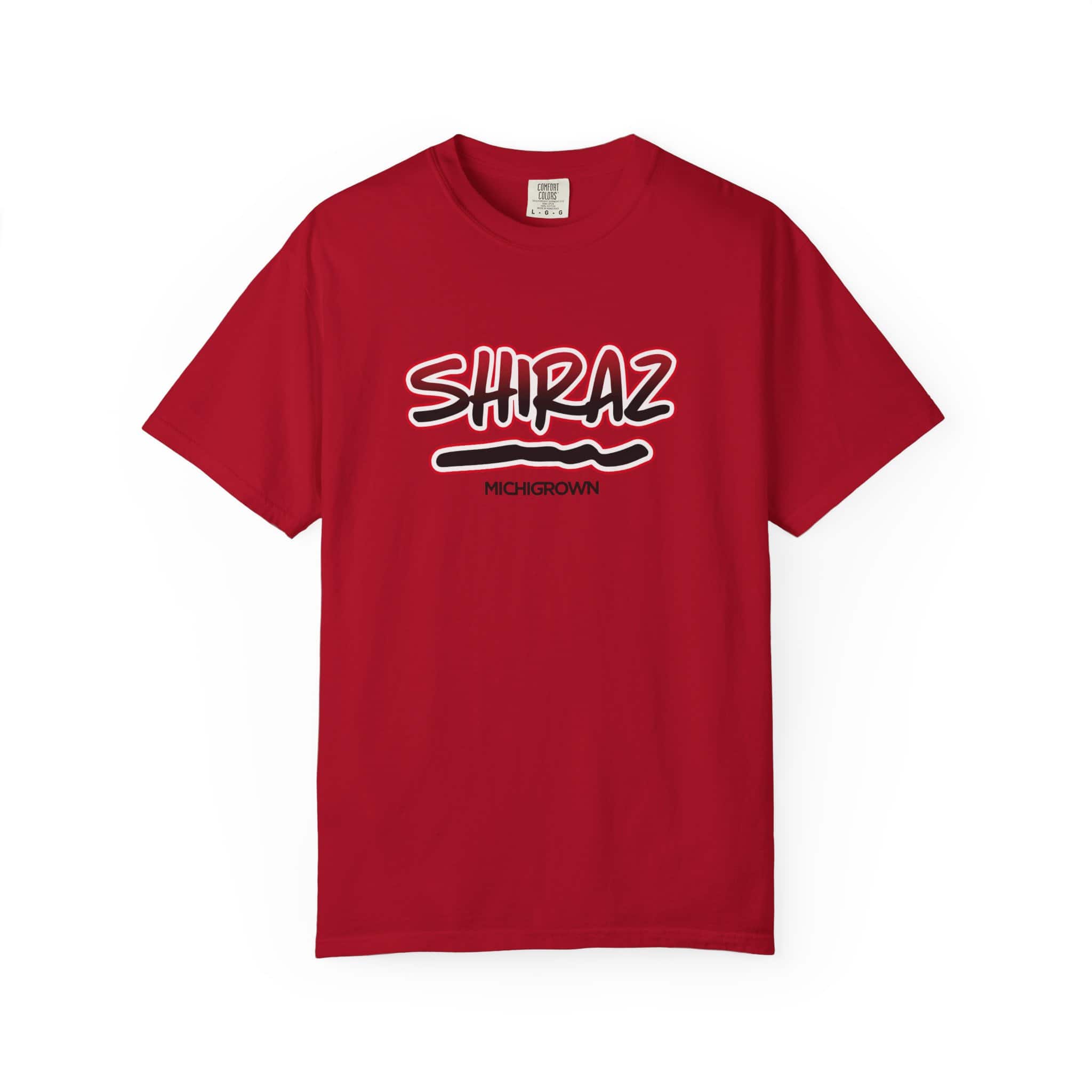 Red Shiraz T-shirt with Michigrown logo and text.