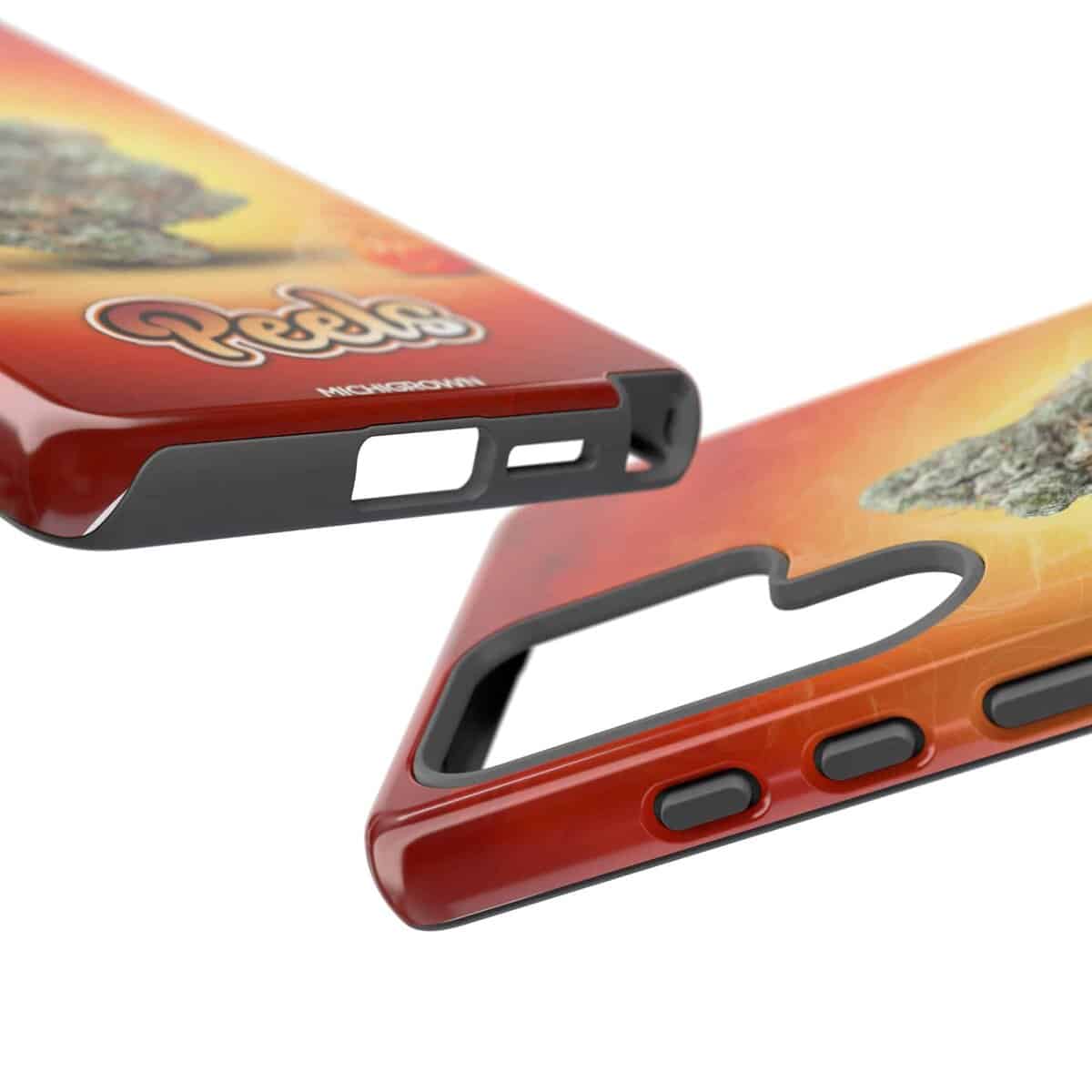 Red phone case with graphic design and cutouts for buttons and camera.