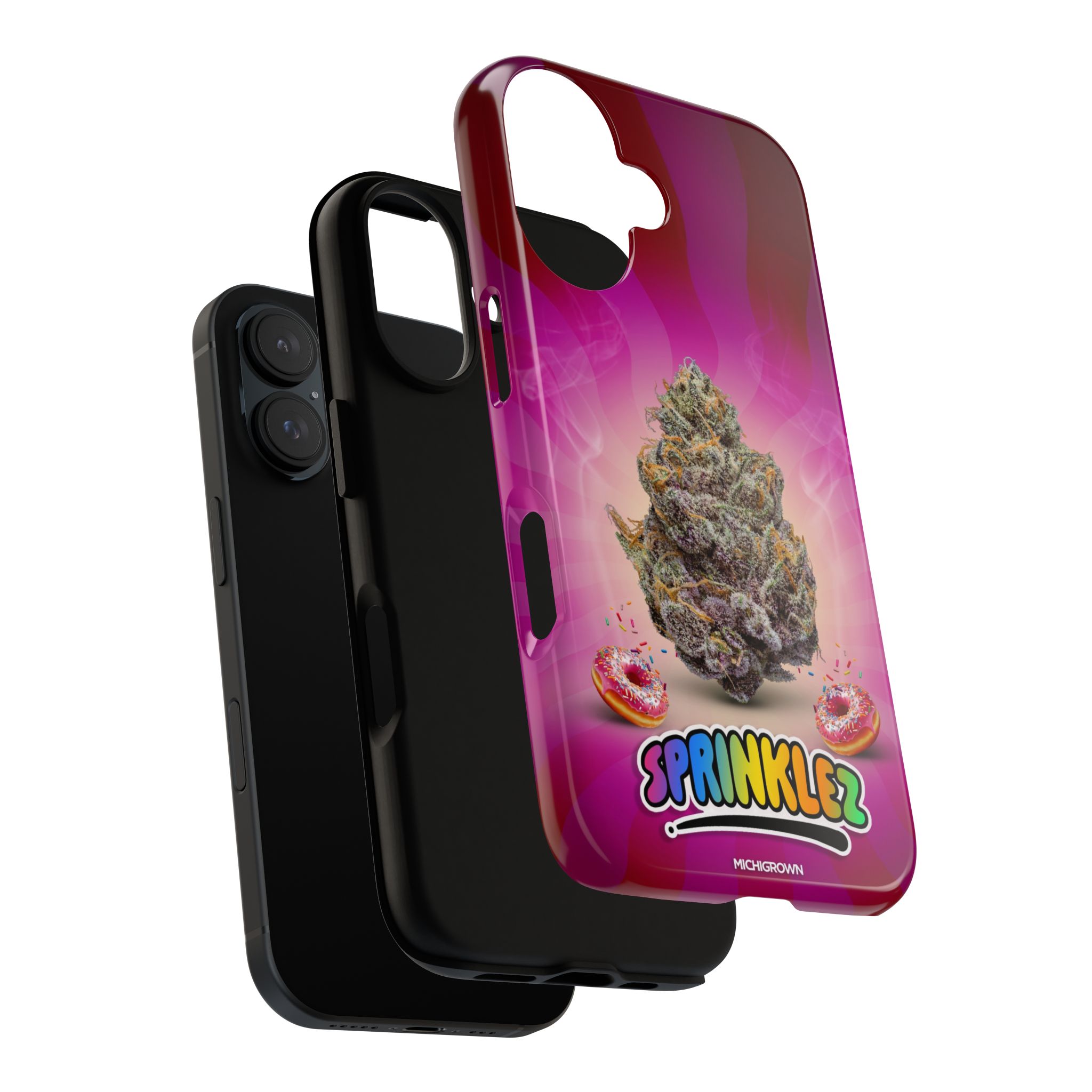 Colorful Sprinklez phone case with cannabis leaf design for iPhone.