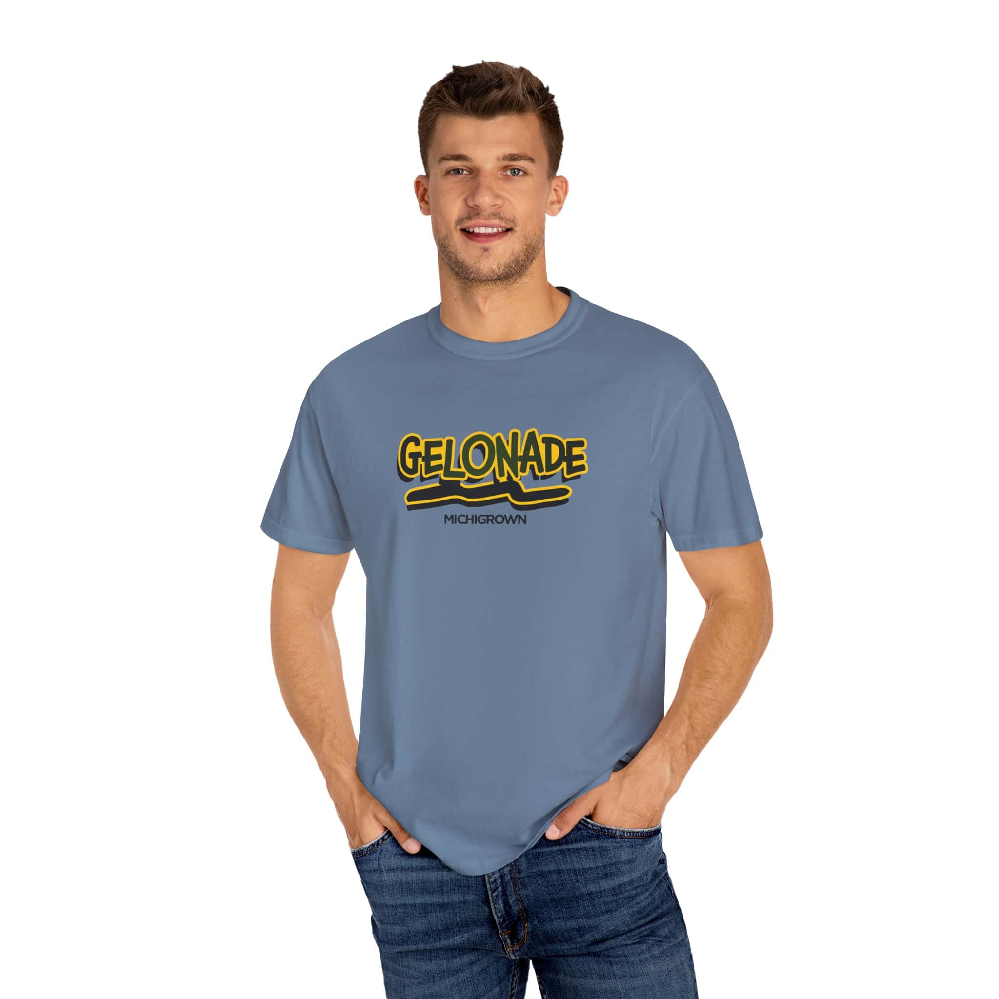 Men's blue Gelonade T-shirt with Michigan-grown logo.