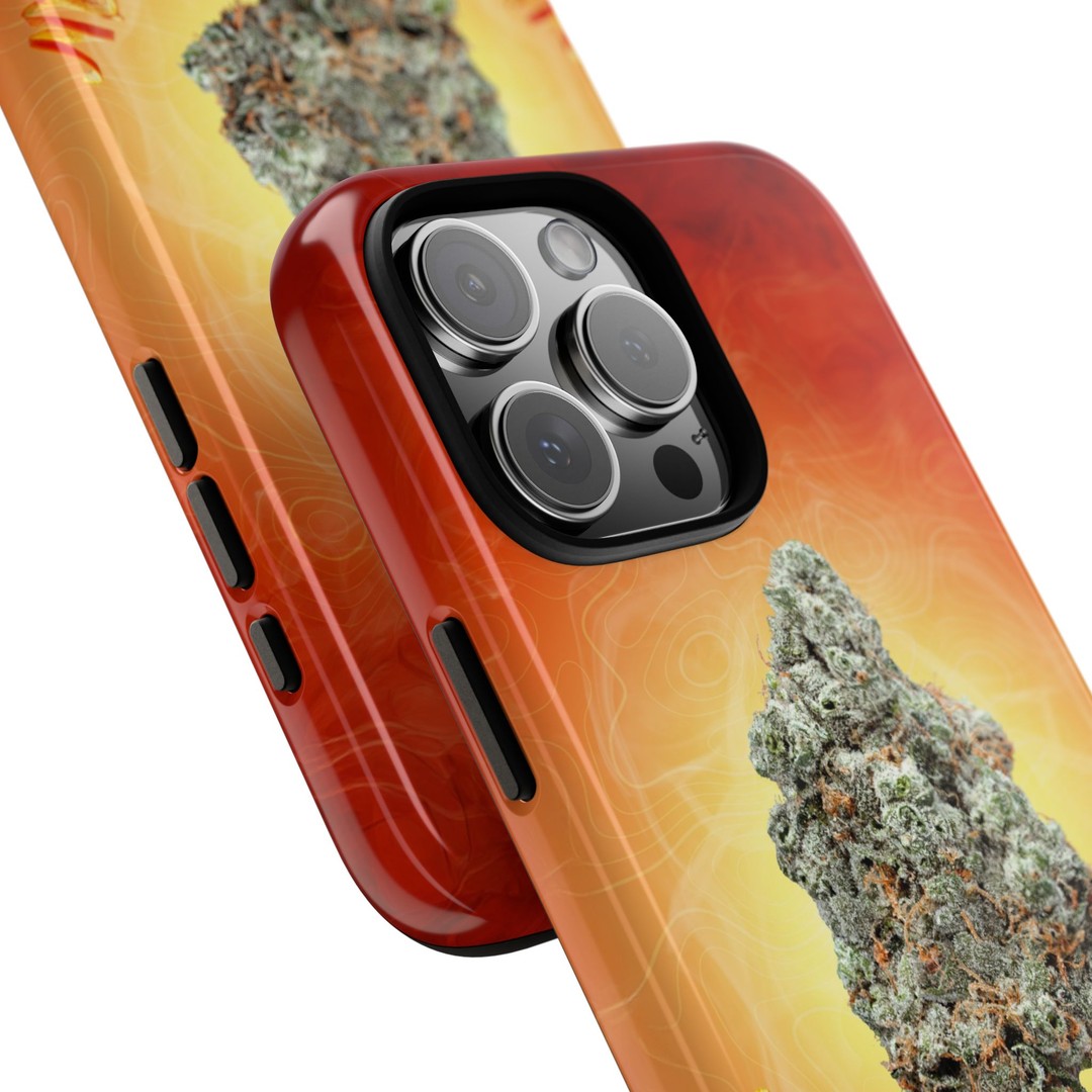 Cannabis leaf design phone case for iPhone with orange background.