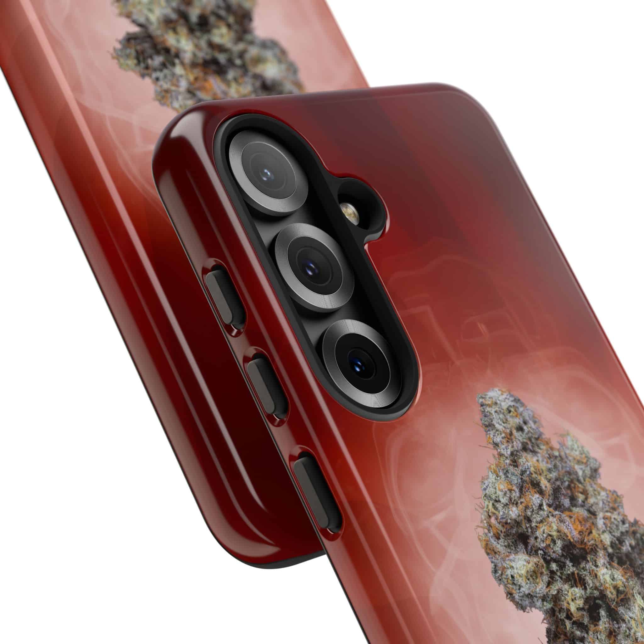 Red phone case with cannabis plant design for FACE MELTZ Tough Cases.