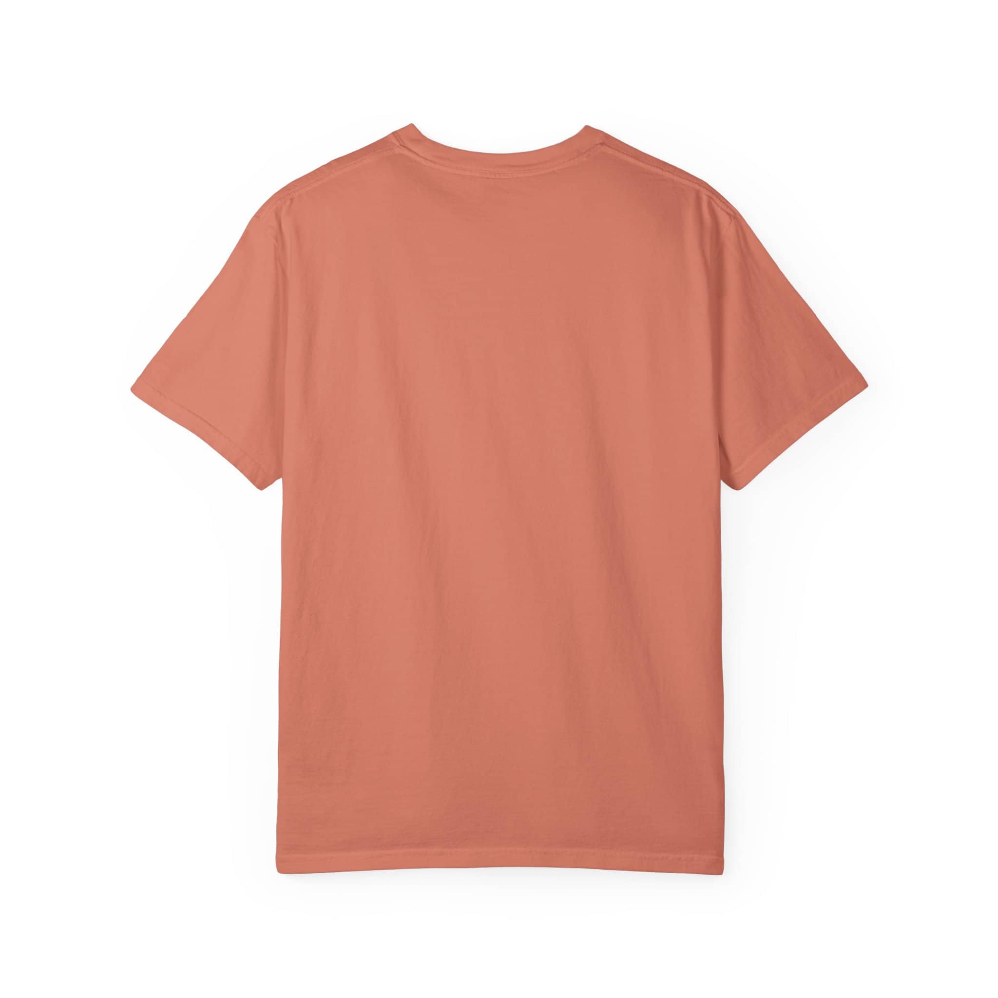 Simple peach-colored T-shirt with short sleeves and round neck.