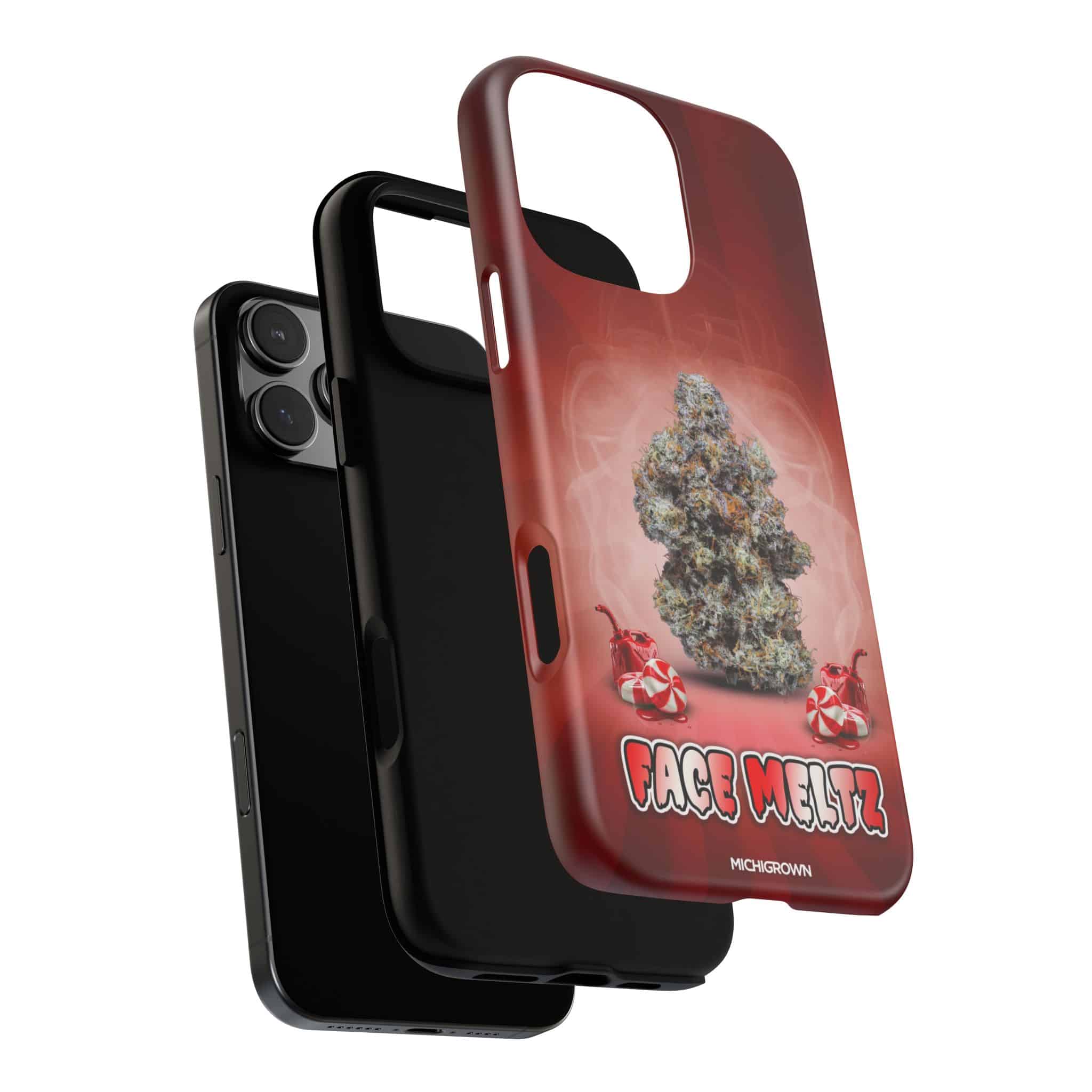 Red iPhone case with cannabis bud and candy canes design for Face Meltz.