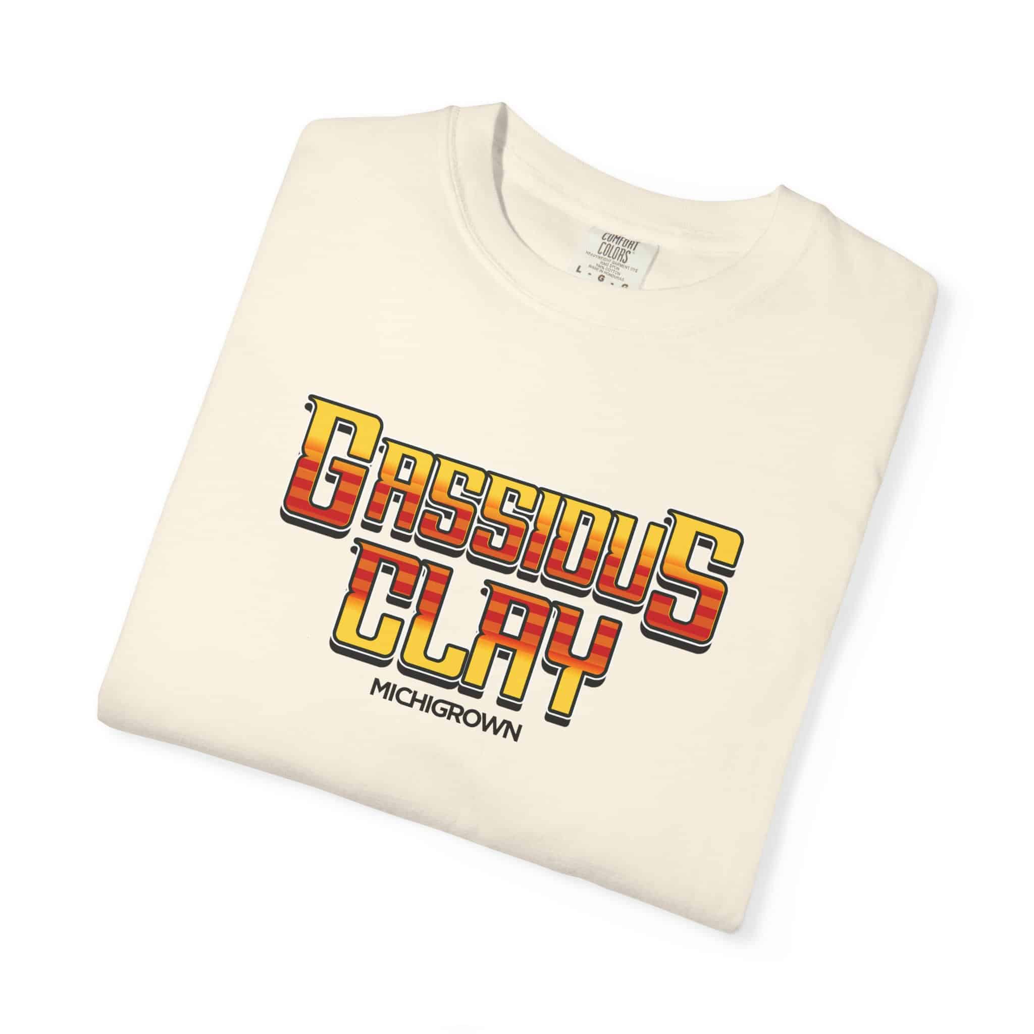 White T-shirt with Gassious Clay graphic and Michigan branding.