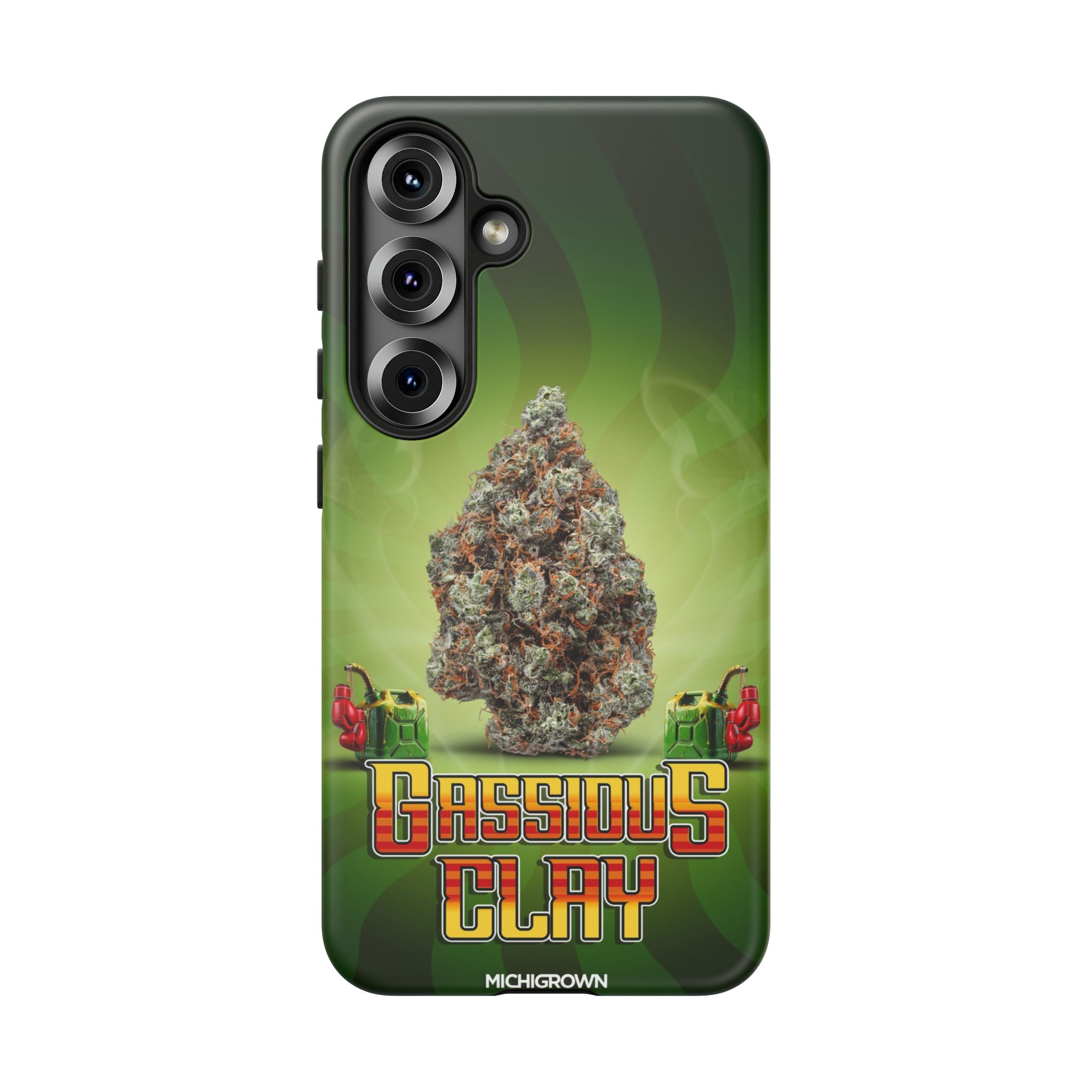 Phone case with cannabis bud and Gassious Clay logo.