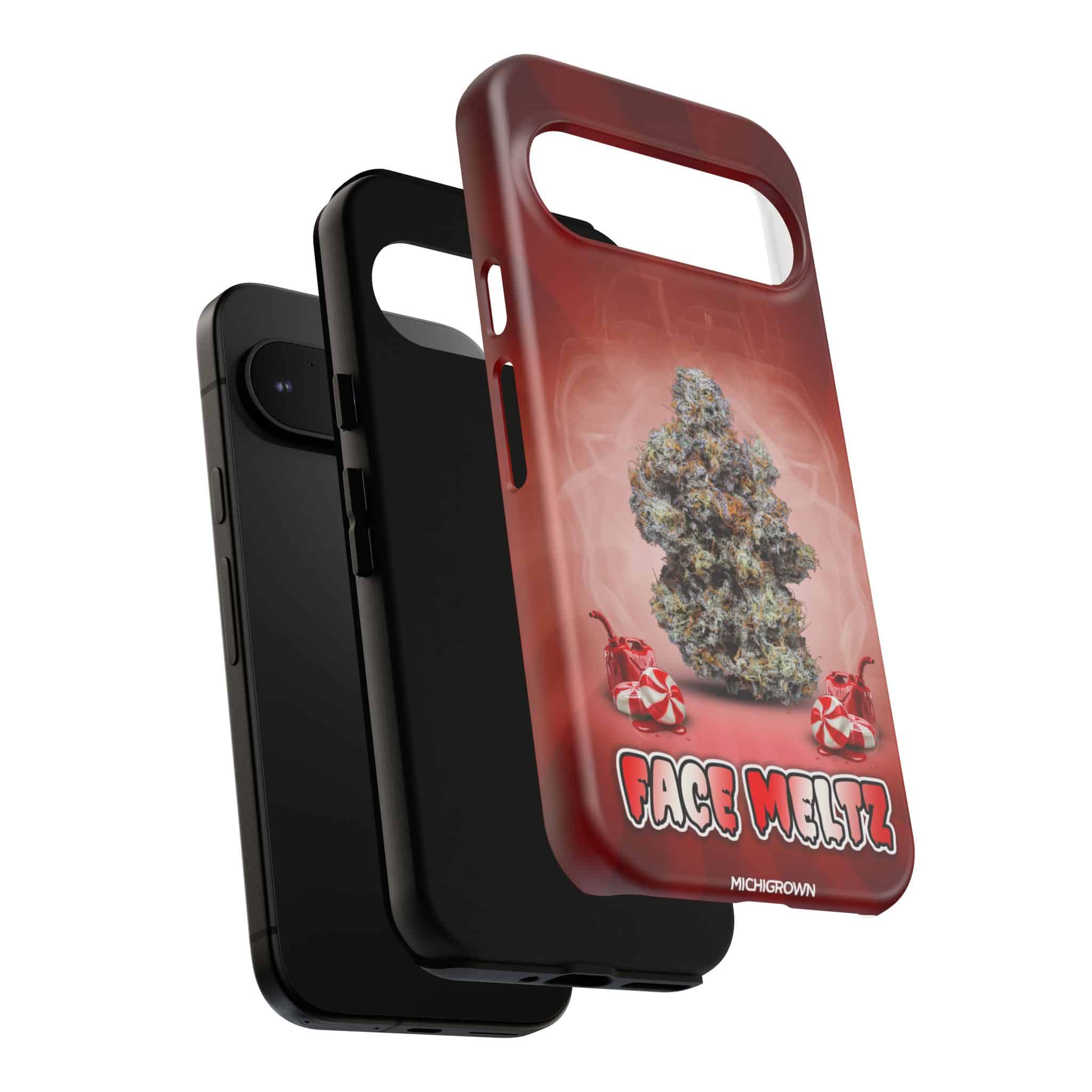 Red phone case with cannabis leaf design and FACE MELTZ logo.