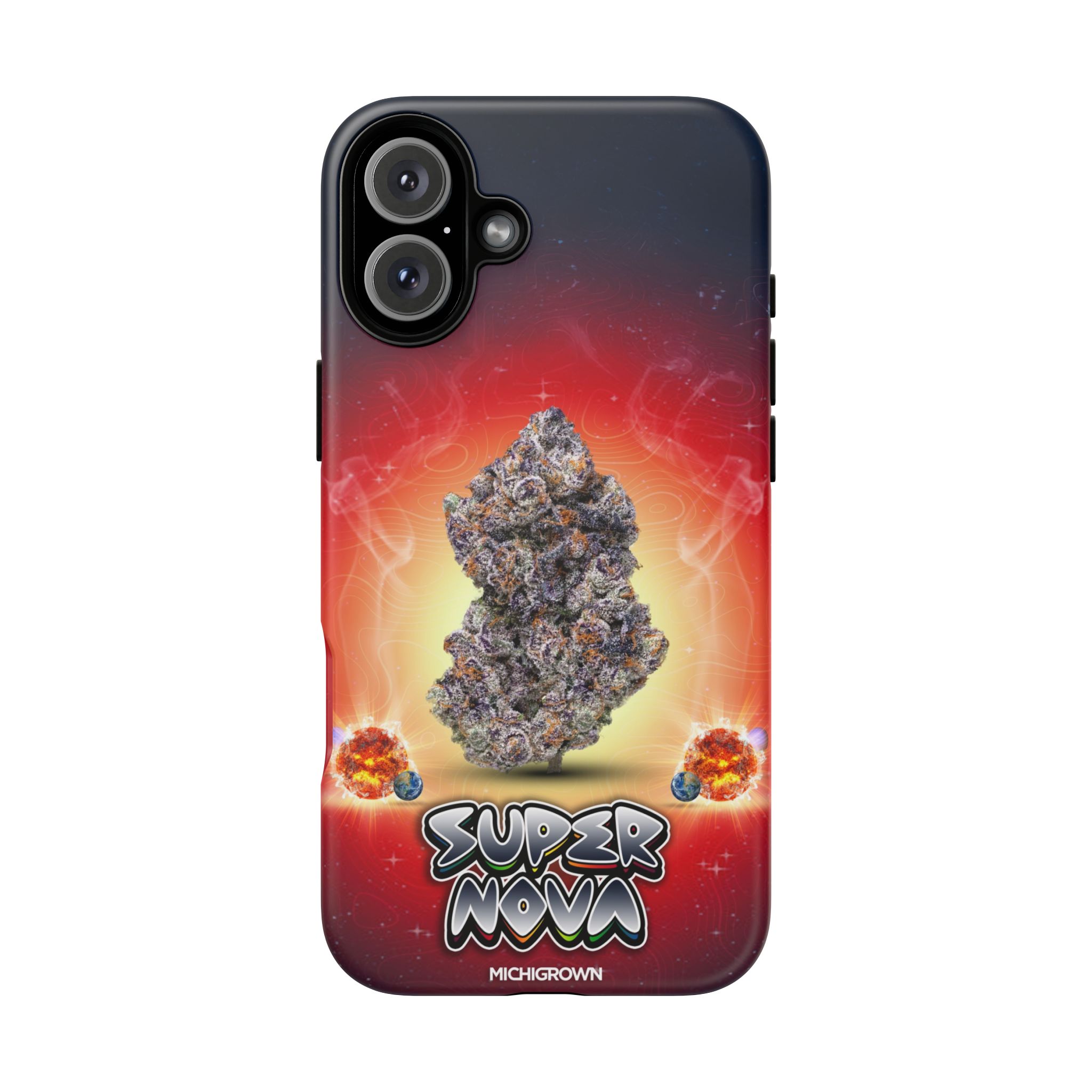 Phone case featuring a cannabis bud and cosmic background.