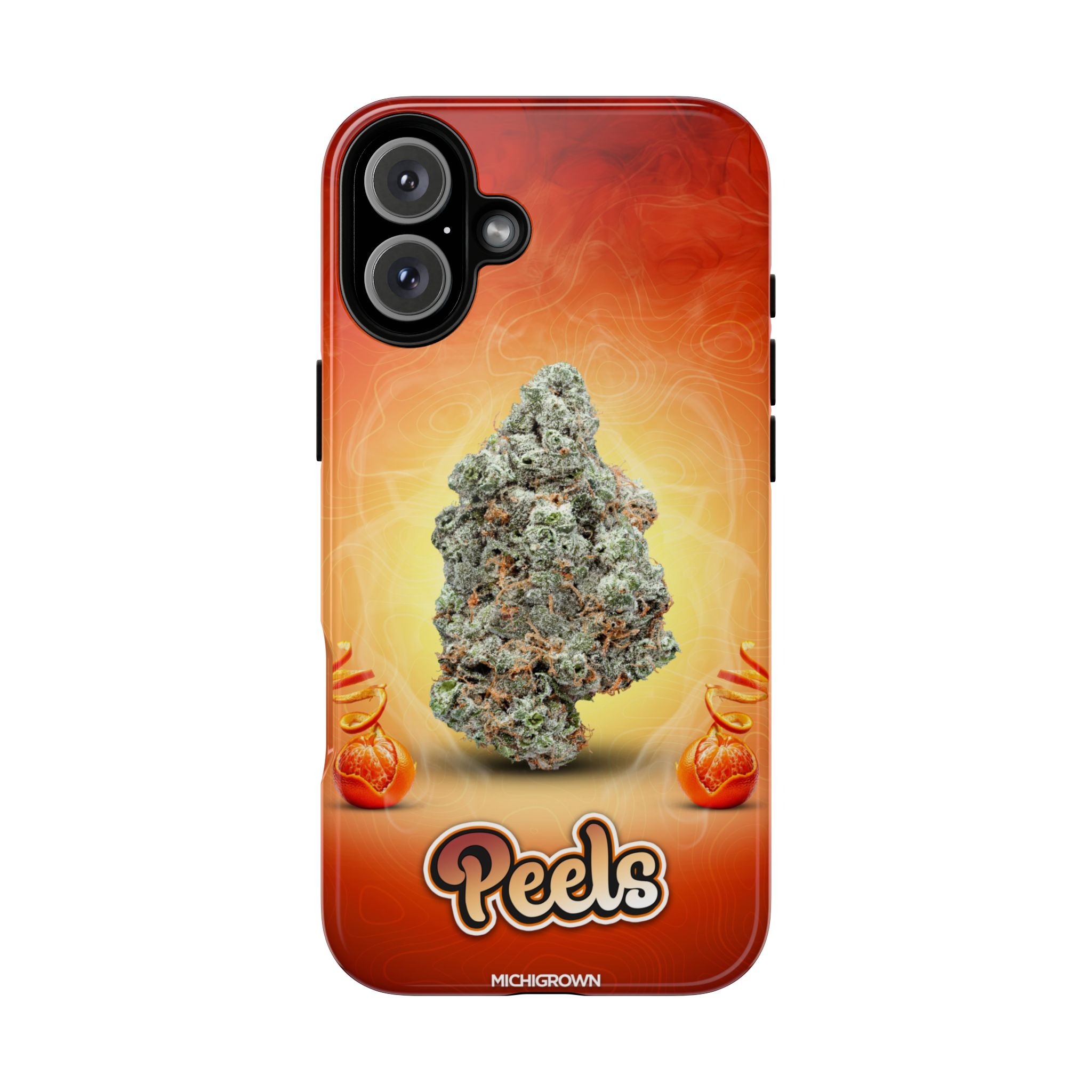 Phone case with cannabis bud and fiery background for PEELS.