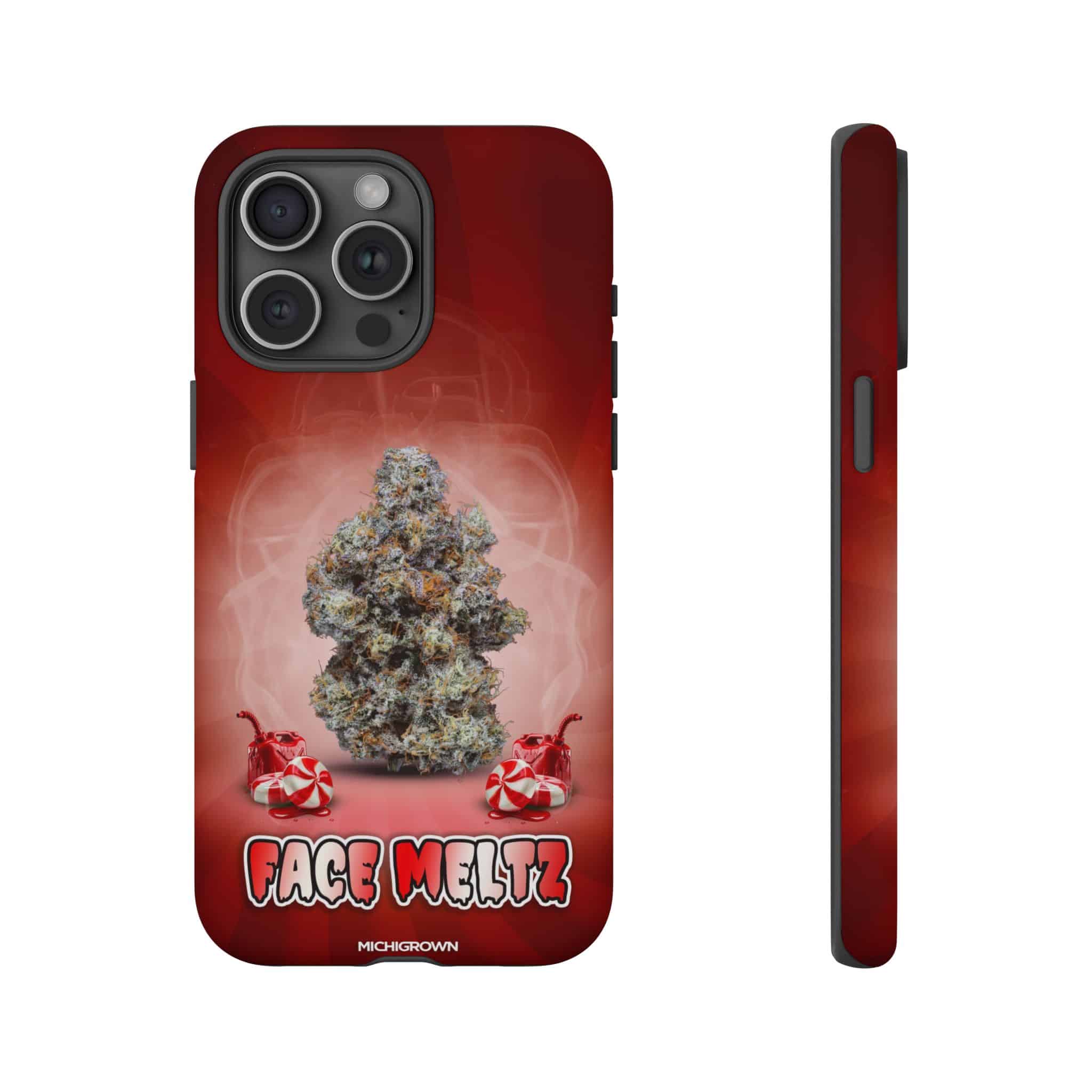 Red phone case with cannabis bud and face meltz logo design.