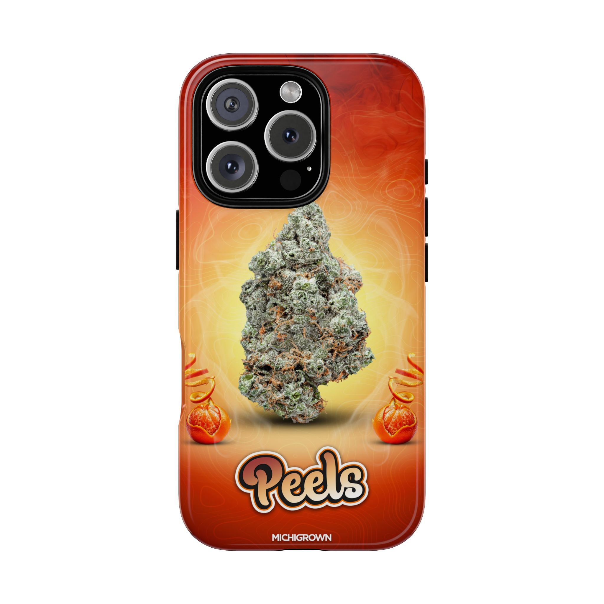Phone case featuring cannabis buds and the PEELS logo.