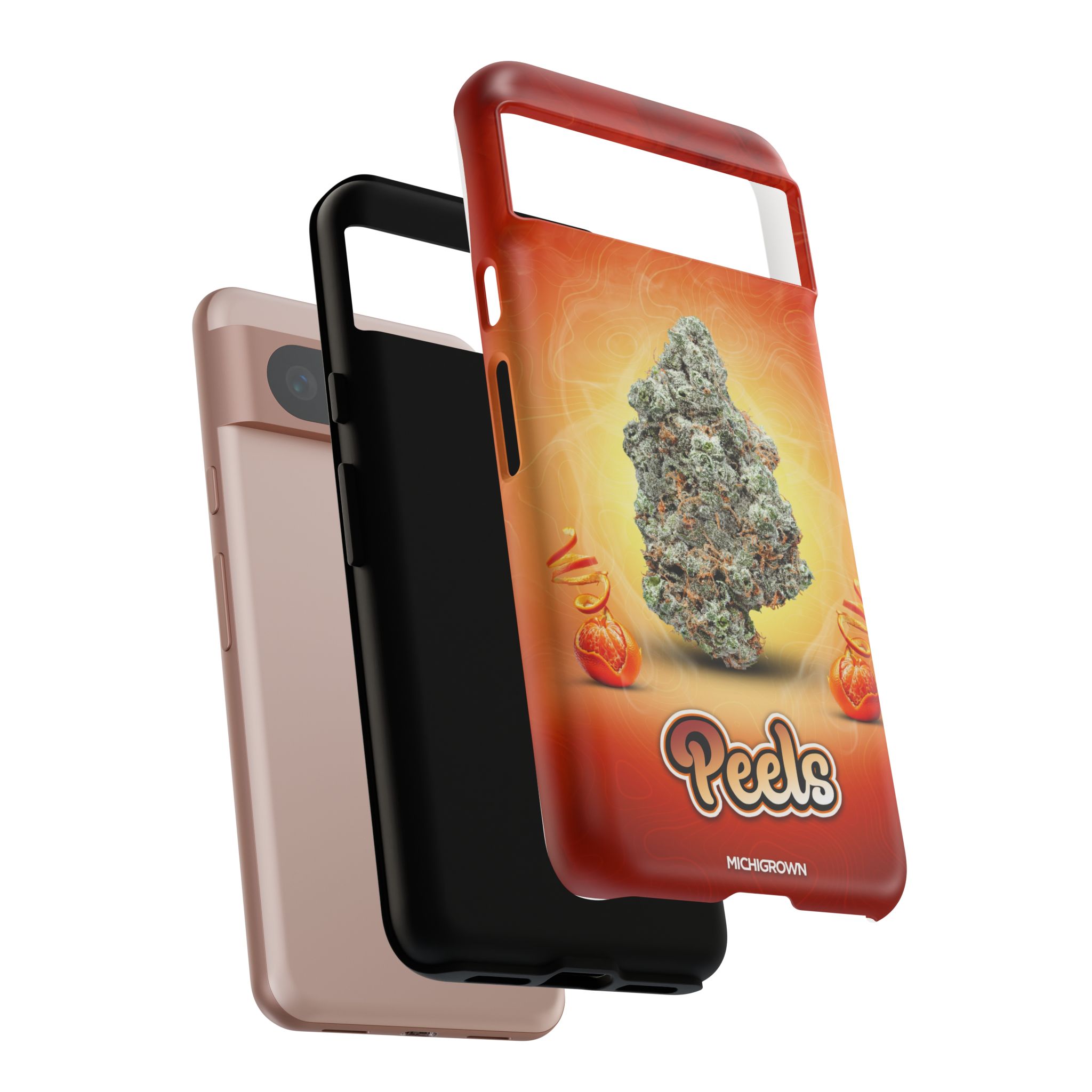 Red cannabis-themed phone case with marijuana bud graphic and PEELS logo.