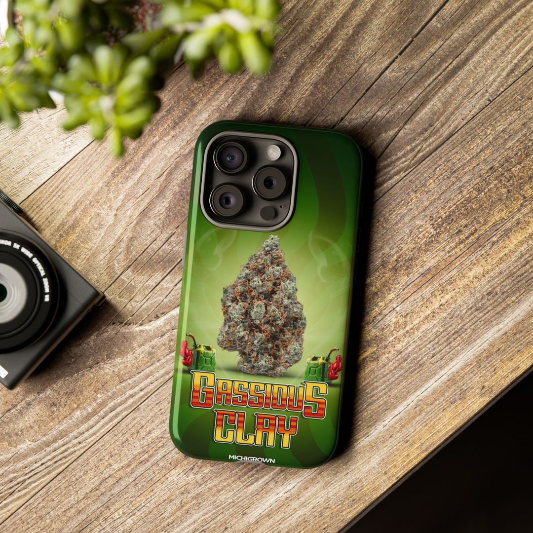 Green phone case with Gassious Clay logo and cannabis image.