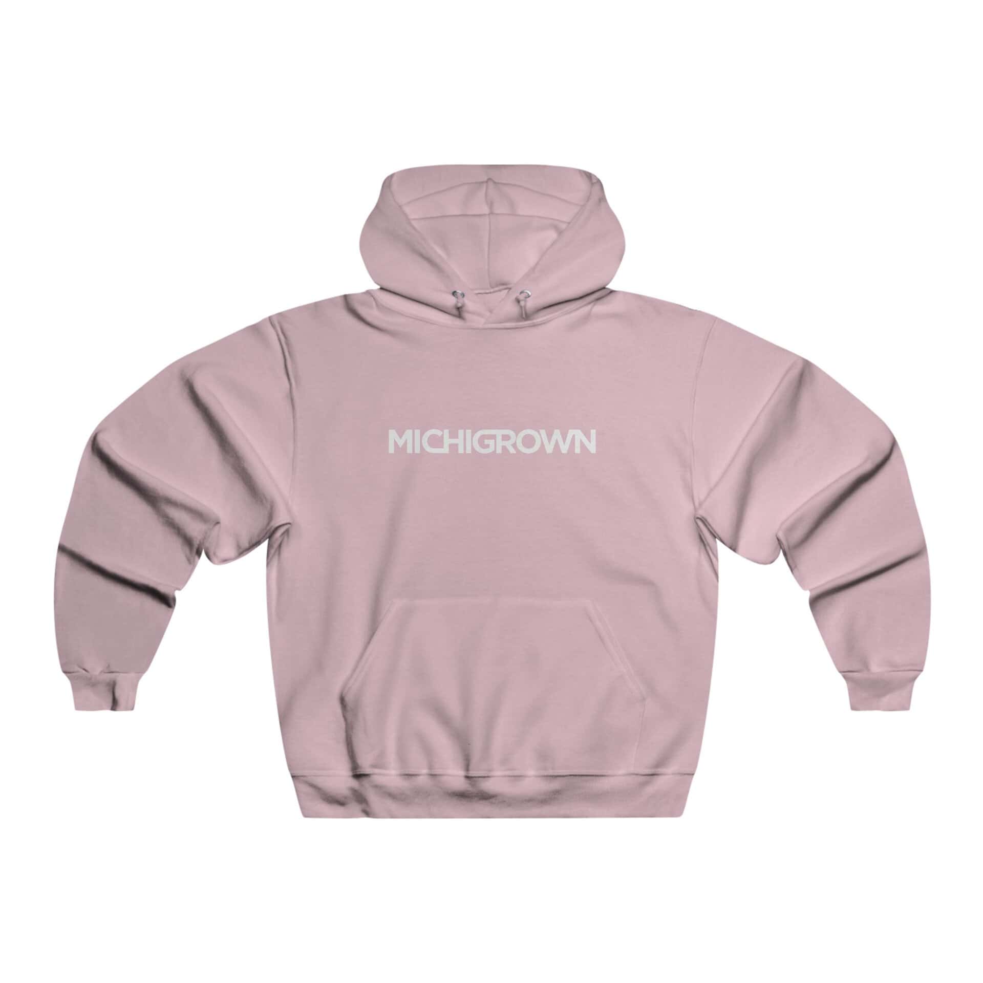 Pink hoodie with Michigrown logo on front, casual streetwear style.