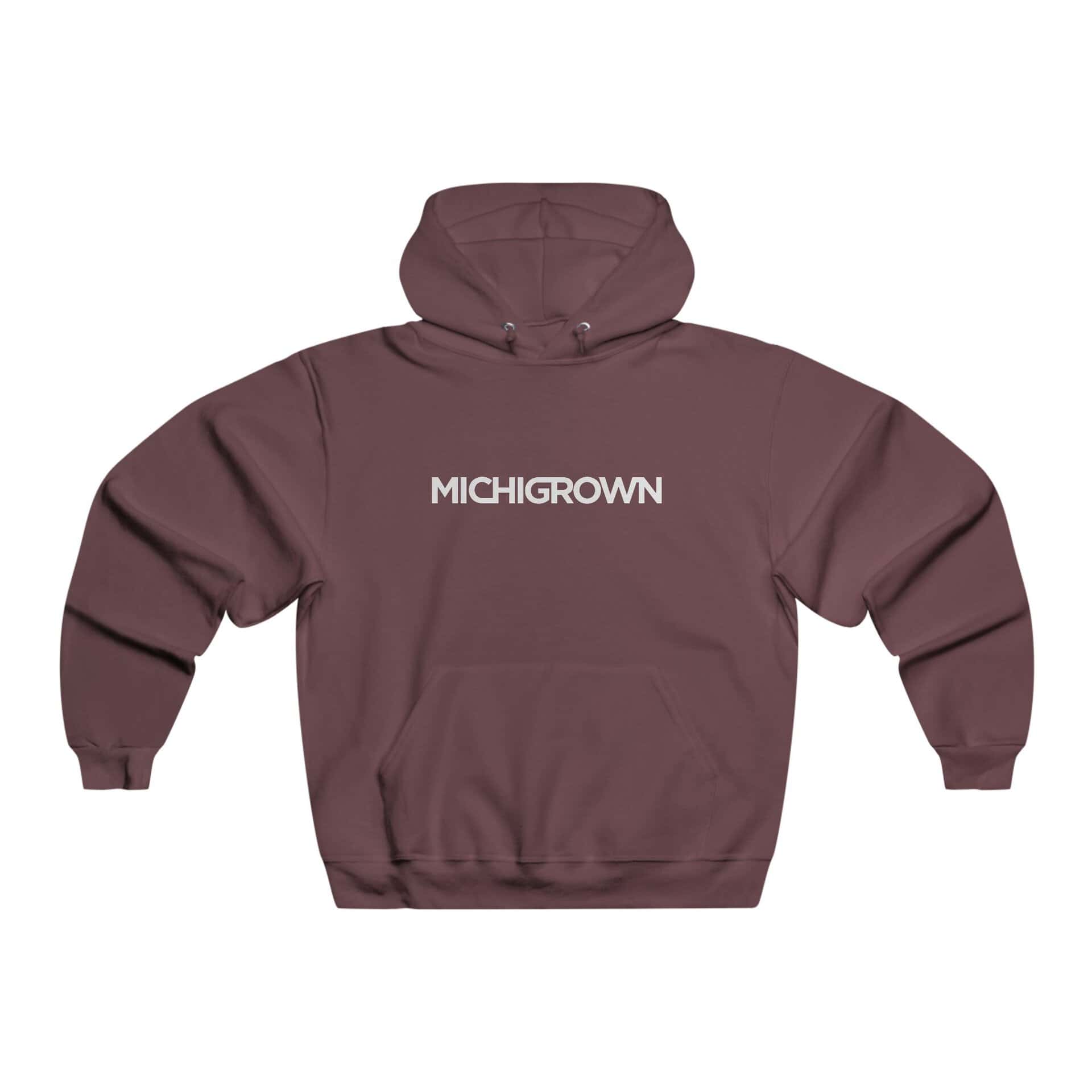 Maroon hoodie with Michigrown logo on front, casual streetwear style.