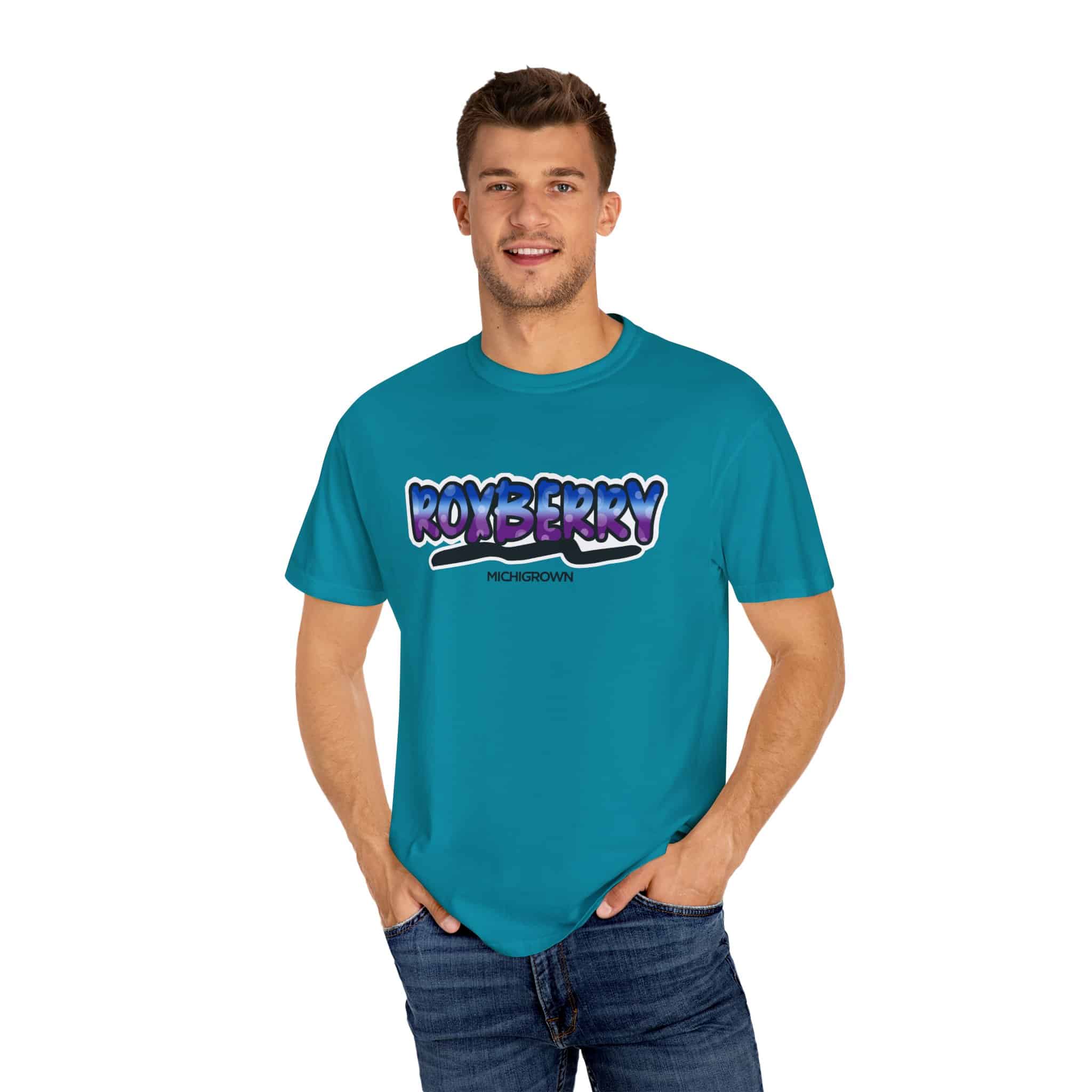 Men's blue Roxberry T-shirt with Michigrown logo and graphic design.