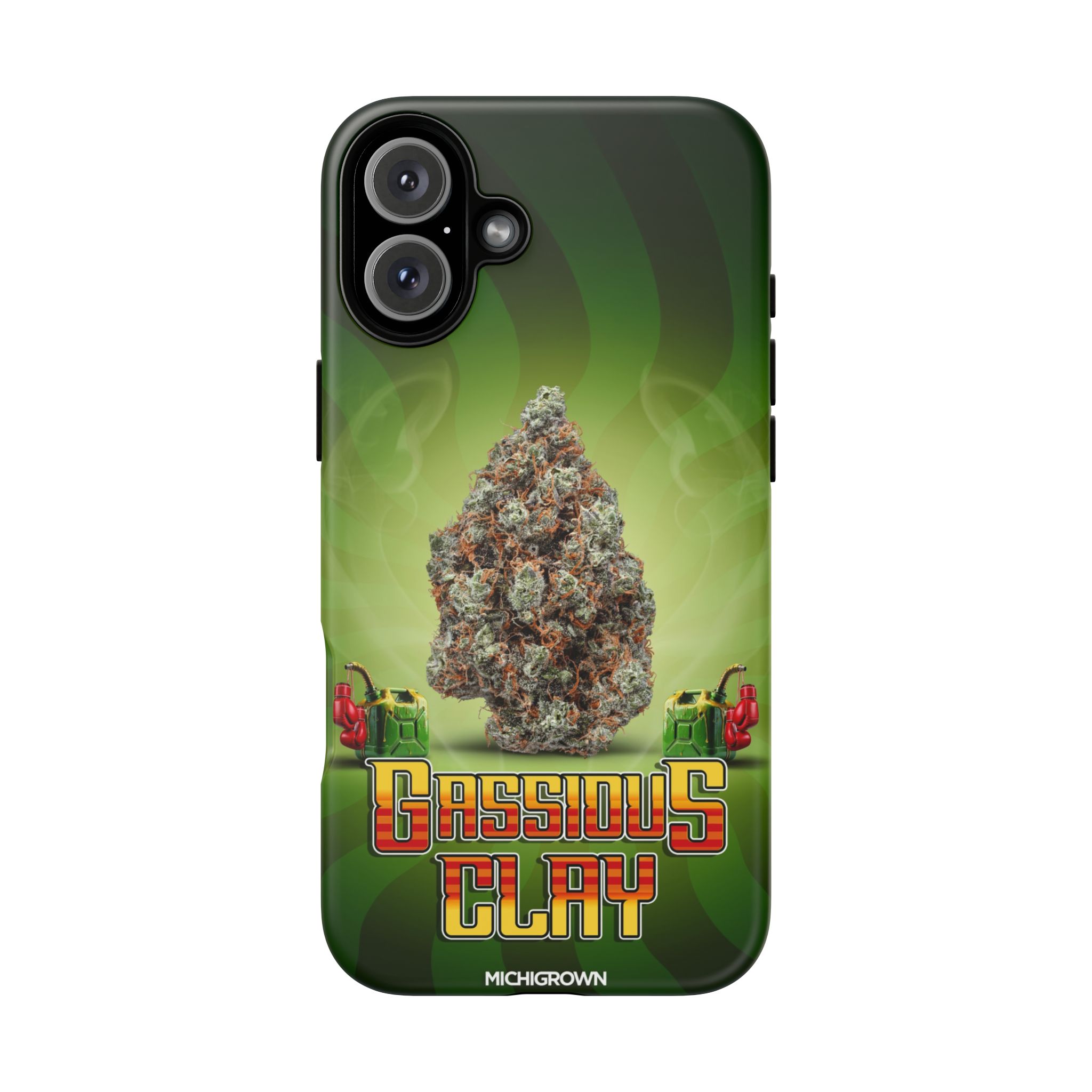 Phone case with Gassious Clay logo and cannabis leaf design.