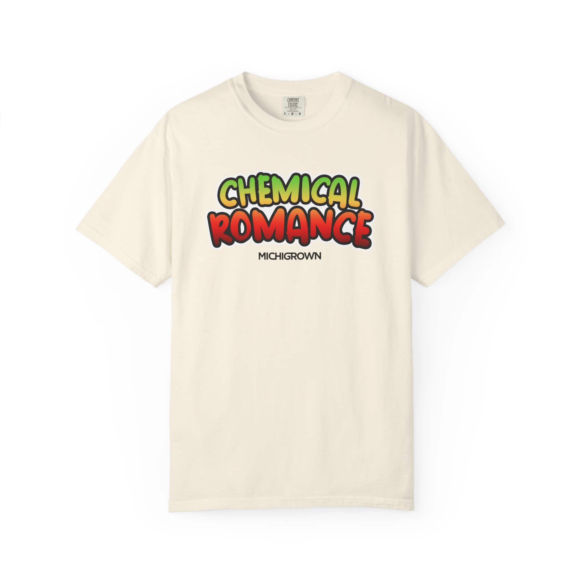 Cream-colored T-shirt with 'Chemical Romance' graphic in colorful letters.