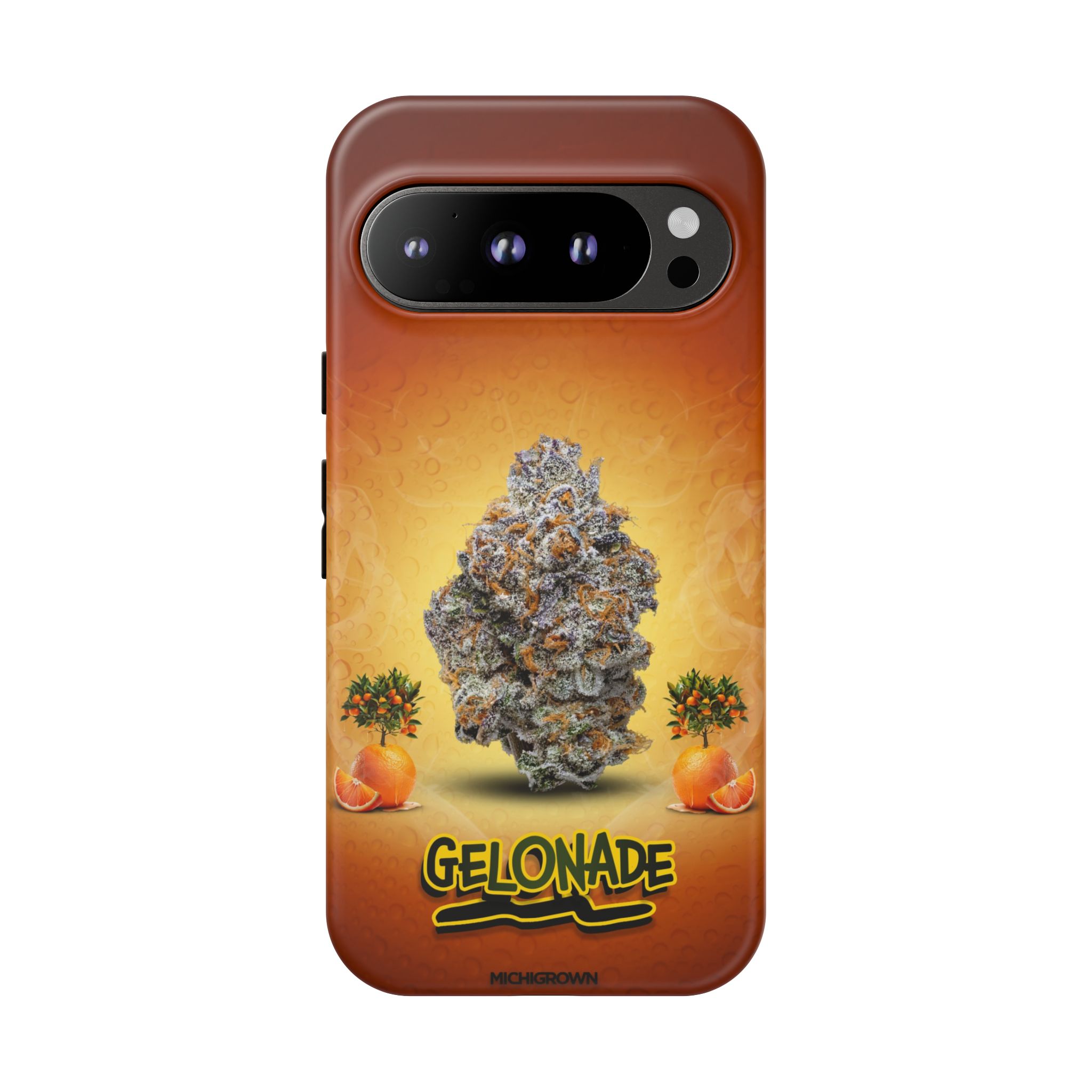 Phone case featuring cannabis bud and orange slices design for GELONADE.