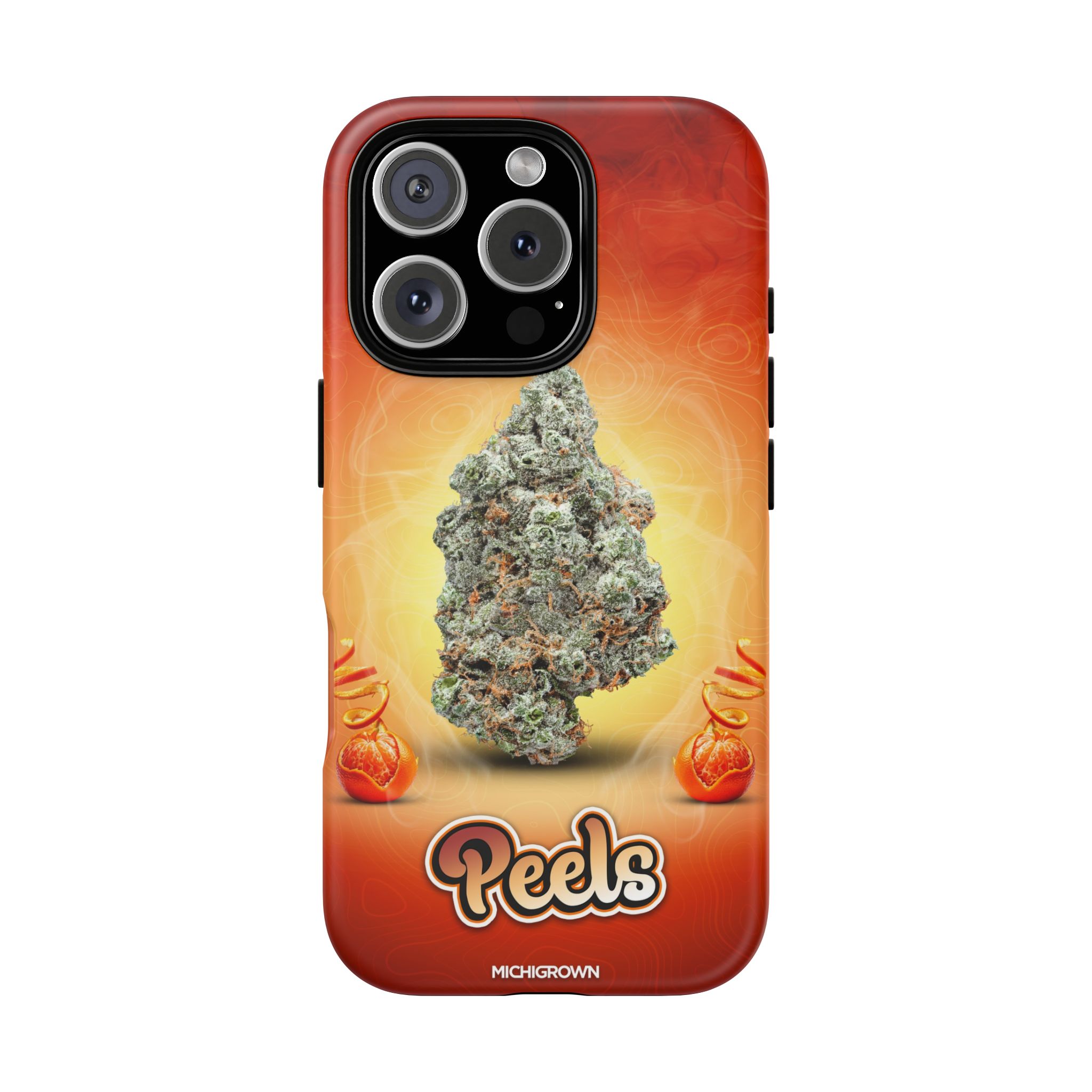 Phone case with cannabis bud and PEELS logo for PEELS PHONE CASE.