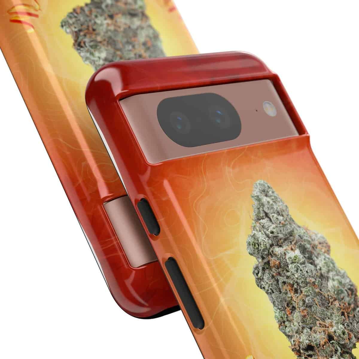Red phone case with cannabis bud design for iPhone 13 Pro.