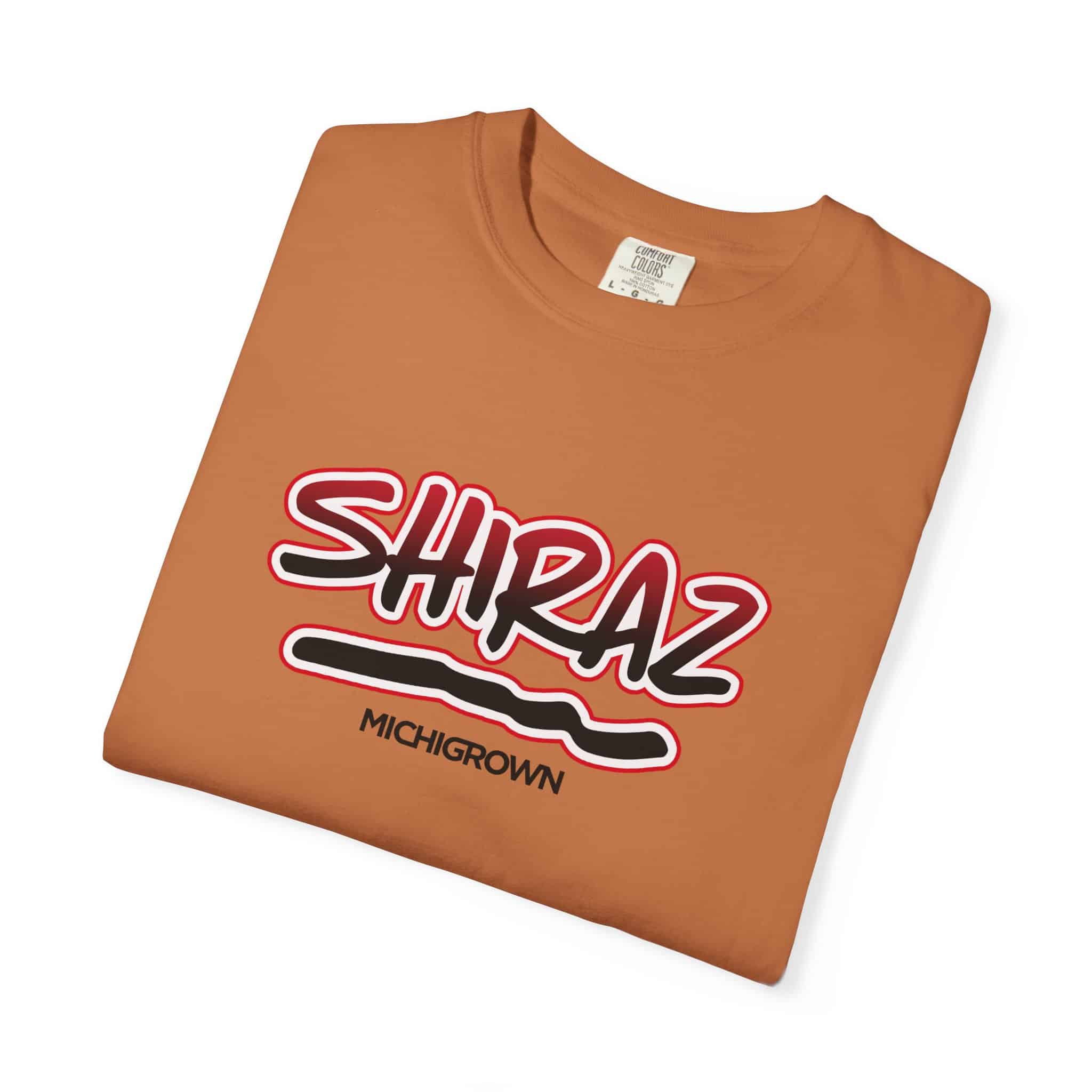 Brown Shiraz T-shirt with Michigan graphic and text.